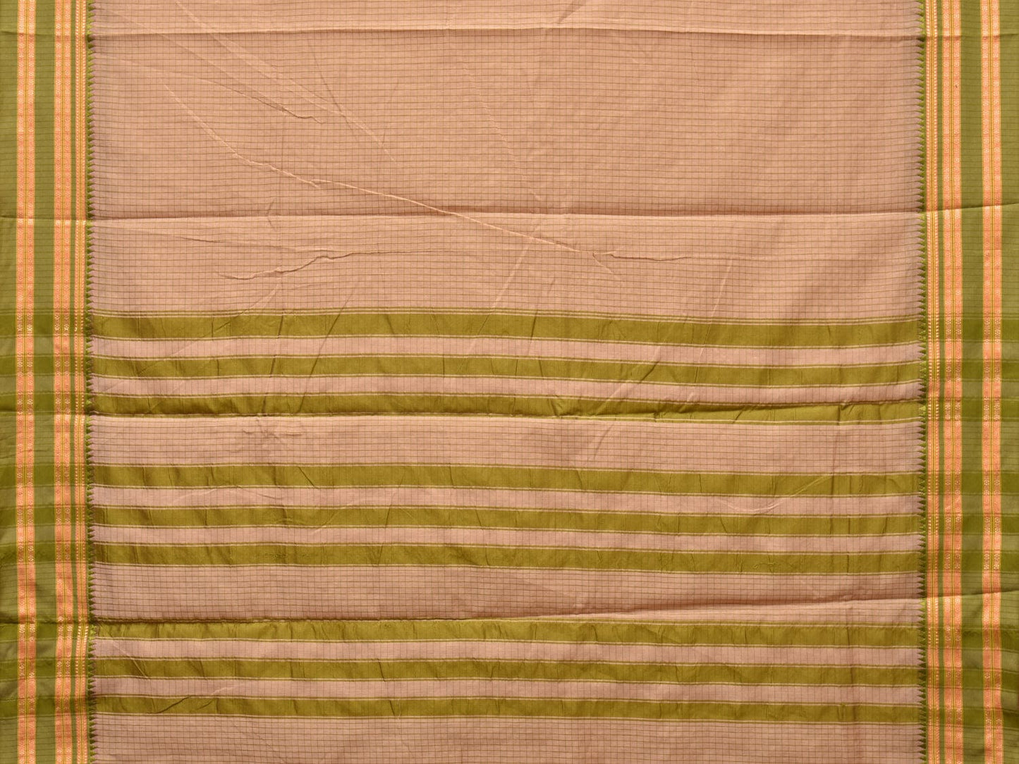 Cream and Green Bamboo Cotton Saree with Checks Design No Blouse bc0261