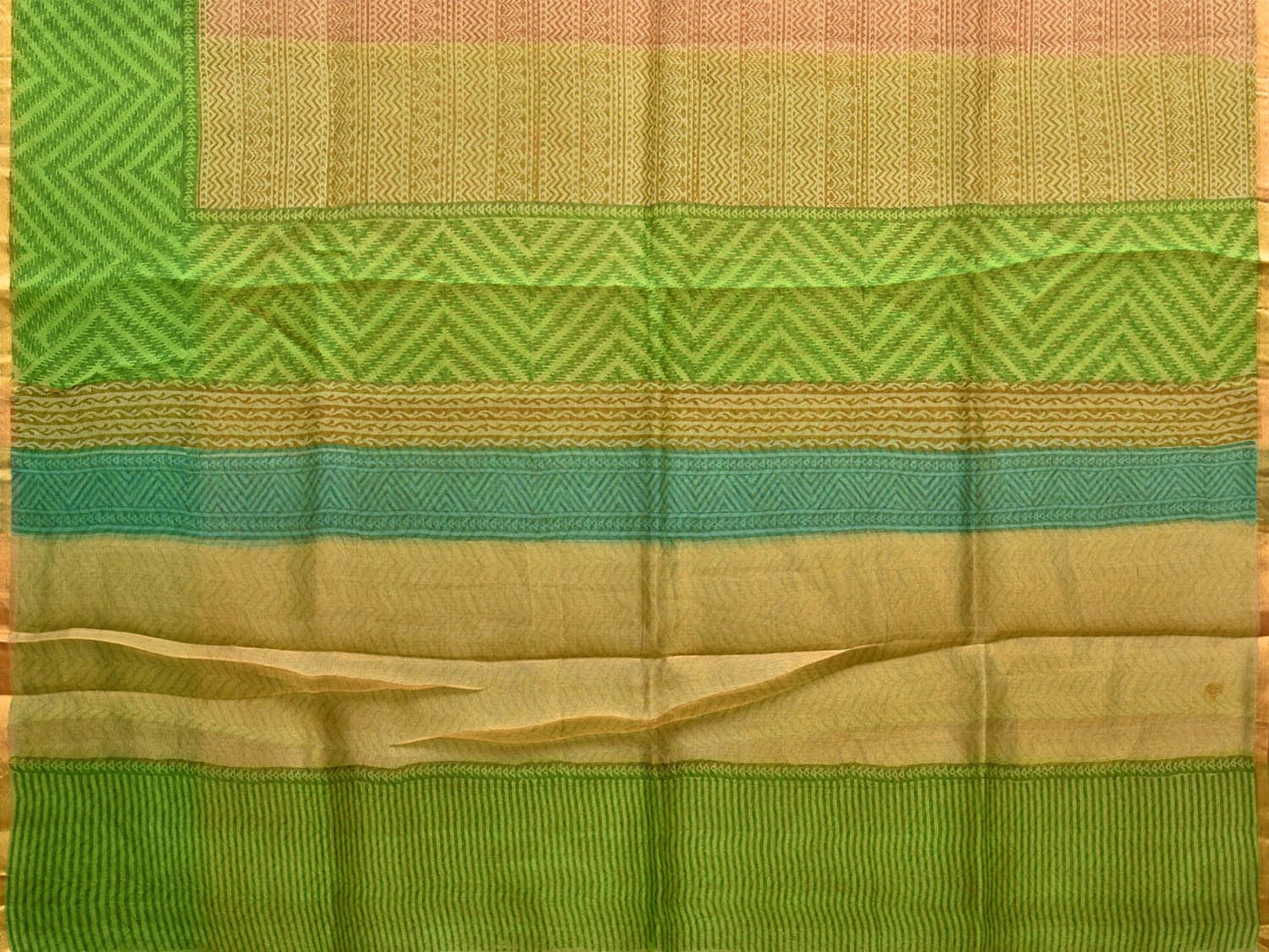 Cream and Green Kota Silk Saree with One Side Border Design o0546