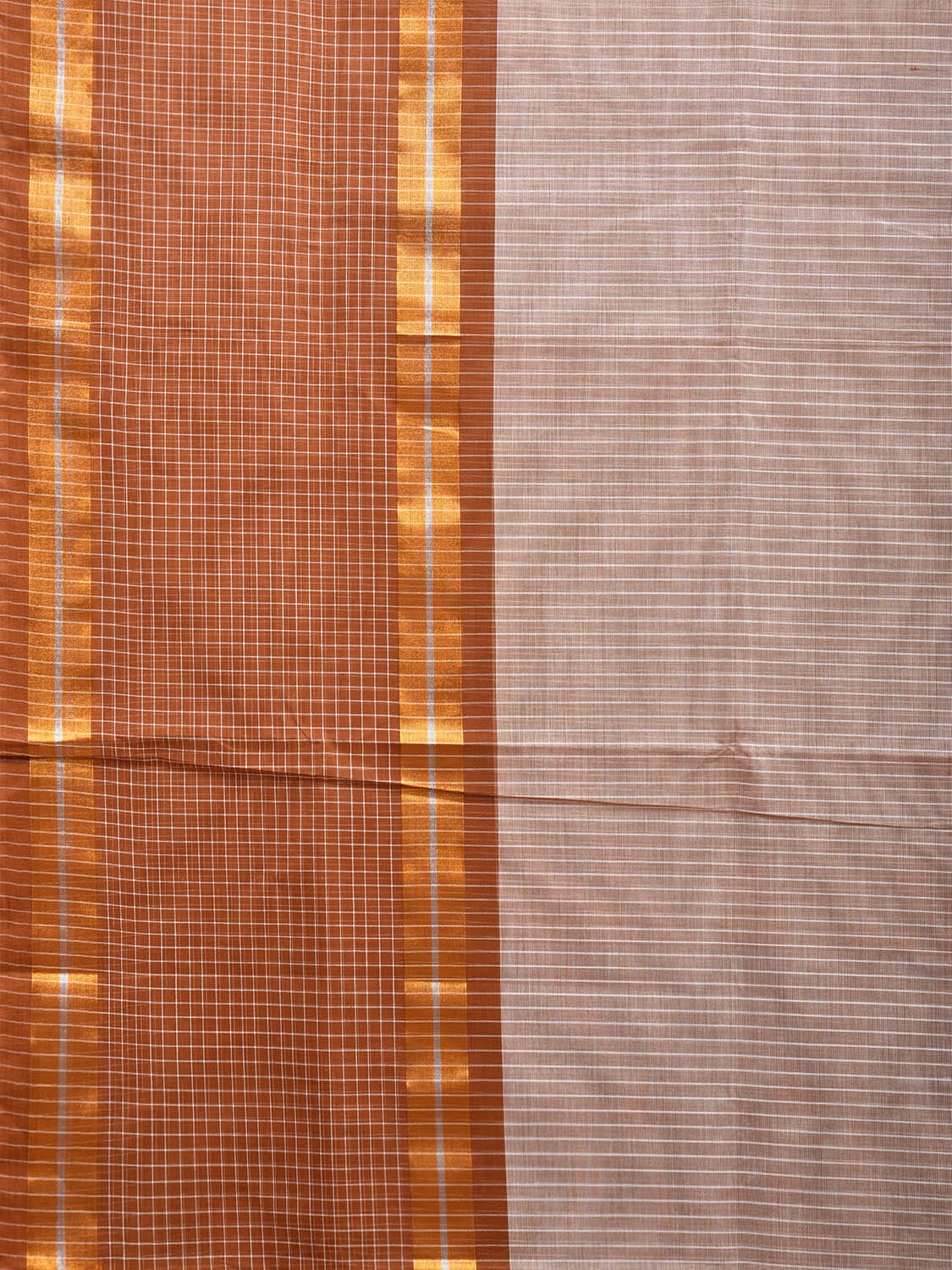 Cream and Light Brown Kanchipuram Cotton Saree with Strips Body and Checks Border Design k0722