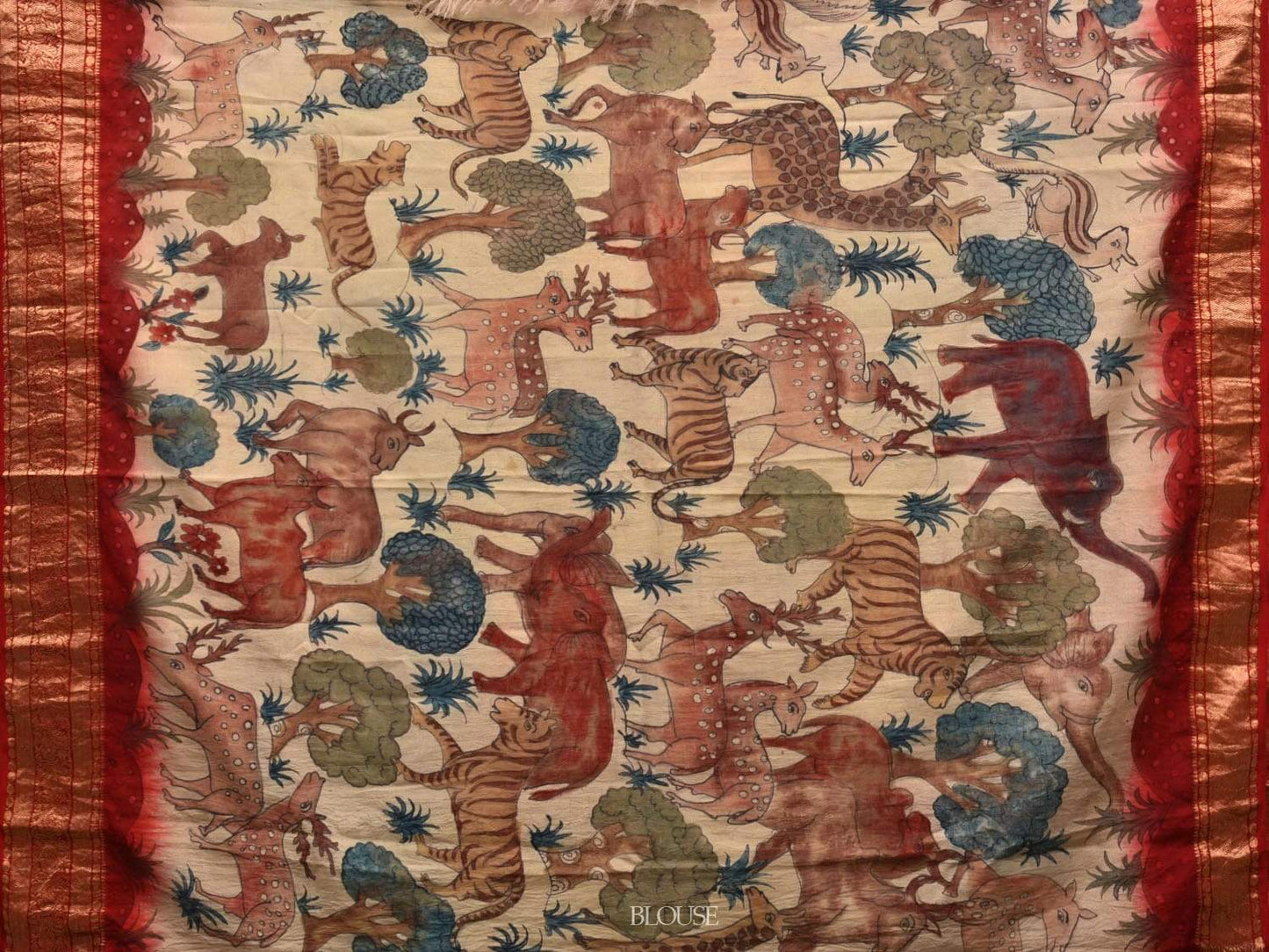 Cream and Maroon Kalamkari Hand Painted Kanchipuram Silk Handloom Saree with Panchatantra Design KL0534