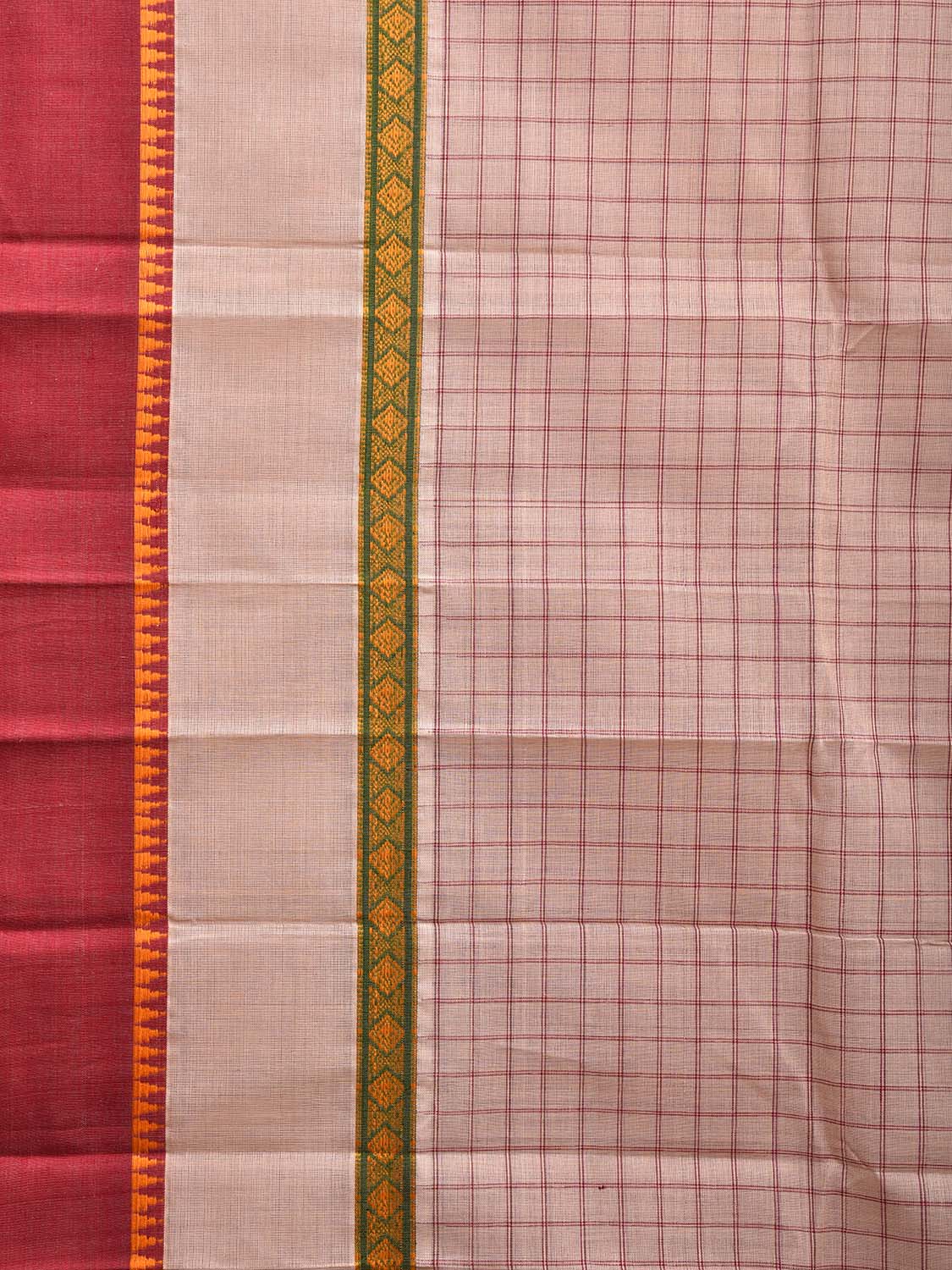 Cream and Maroon Narayanpet Cotton Handloom Saree with Checks Design and Big Border No Blouse np1021