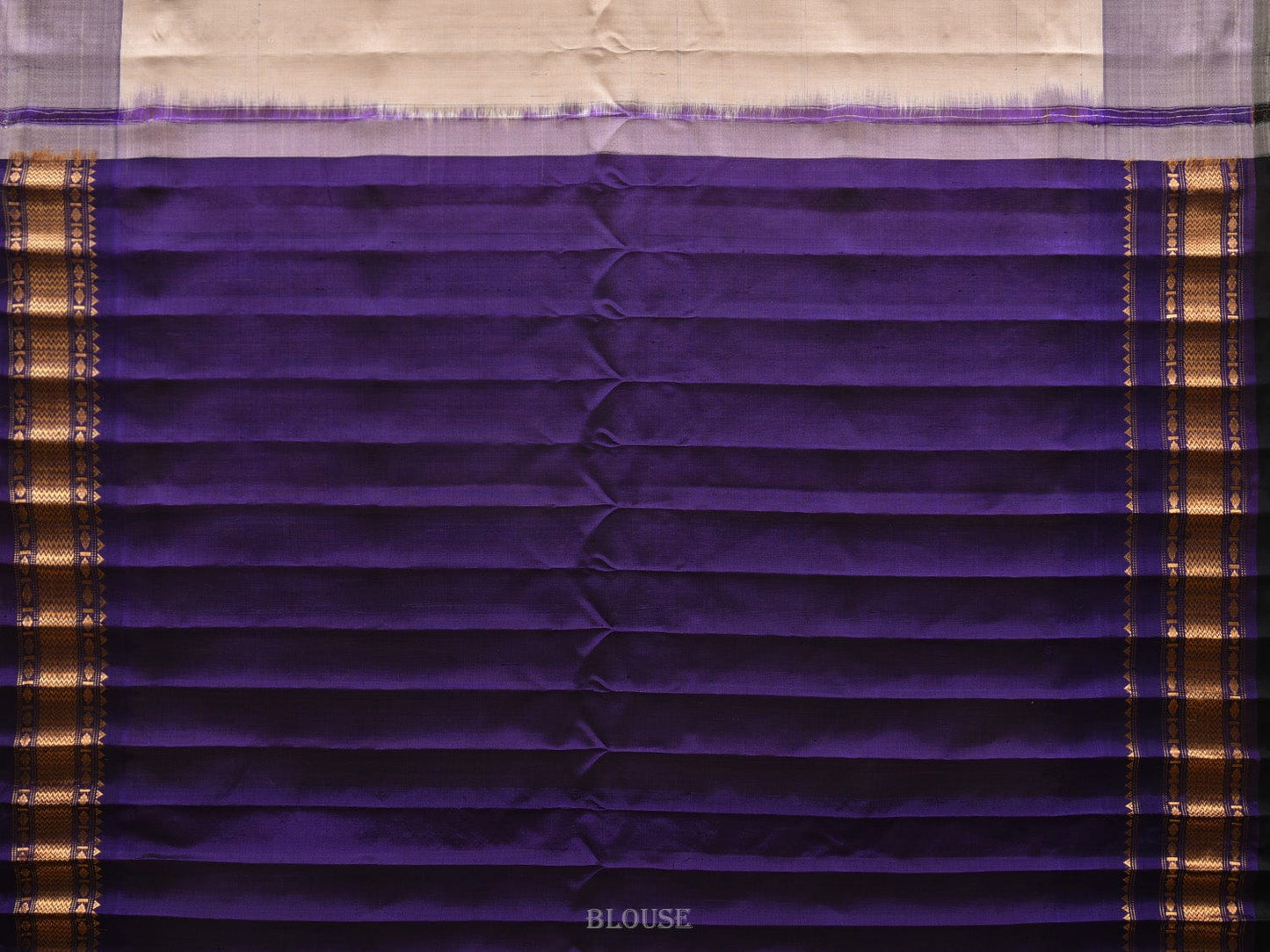 Cream and Navy Gadwal Silk Handloom Saree with Mango Pallu and Temple Border Design g0315