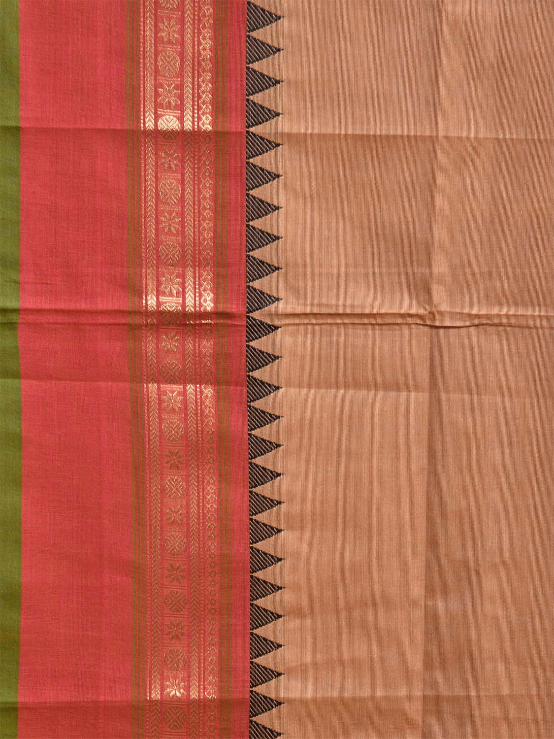 Cream and Peach Kanchipuram Cotton Plain Saree with Strips Pallu and Border Design Kalamkari Blouse k0828