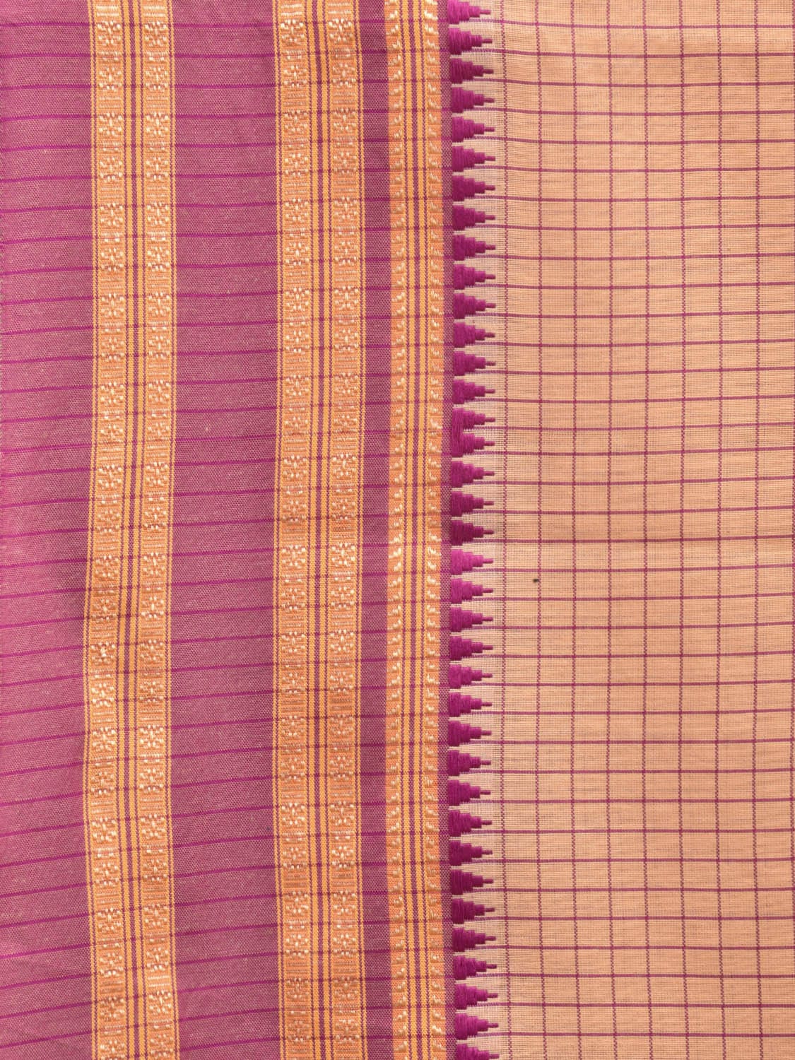 Cream and Pink Bamboo Cotton Saree with Checks Design No Blouse bc0377
