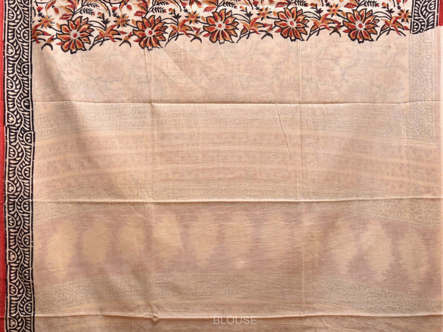 Cream and Red Block Print Cotton Saree with Floral Body and Border Design o0539