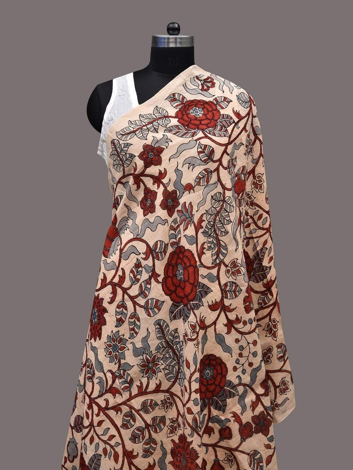 Cream and Red Kalamkari Hand Painted Cotton Handloom Dupatta with Floral Design ds2411