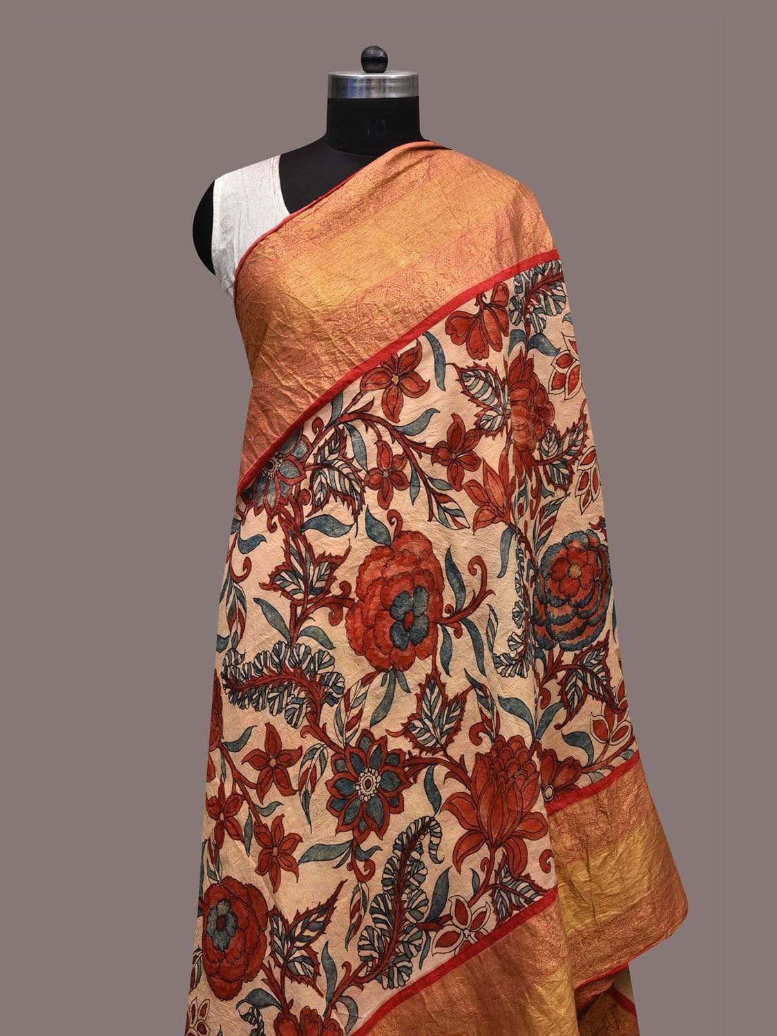 Cream and Red Kalamkari Hand Painted Kanchipuram Silk Handloom Dupatta with Floral Design ds2358