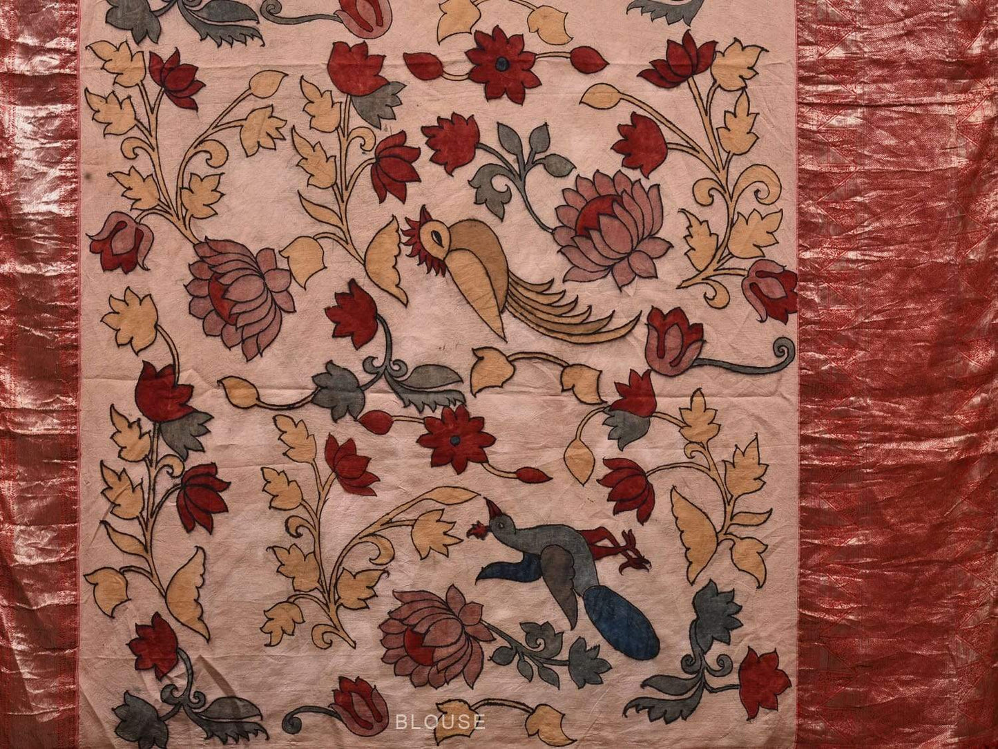 Cream and Red Kalamkari Hand Painted Kanchipuram Silk Handloom Saree with Floral and Birds Design KL0516