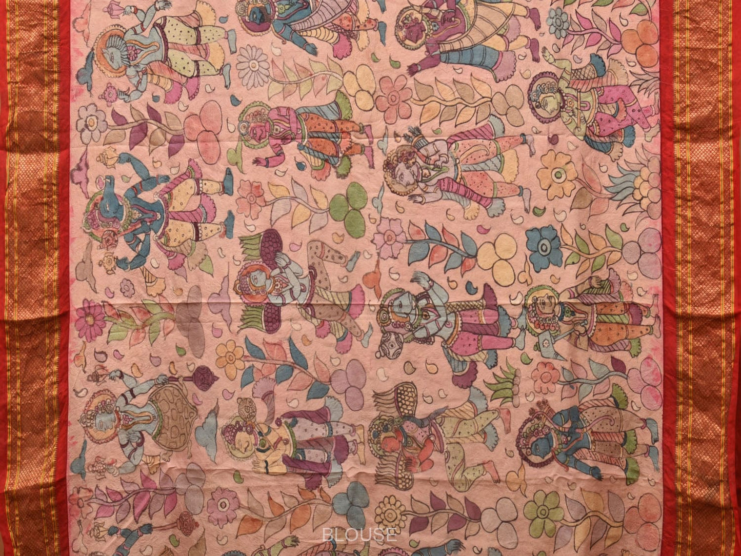 Cream and Red Kalamkari Hand Painted Paithani Silk Handloom Saree with Village Theme Design KL0748