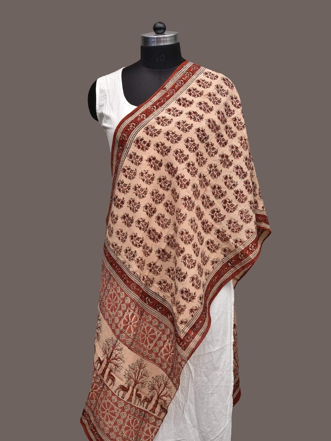 Cream and Rust Kalamkari Block Printed Cotton Handloom Stole ds2240