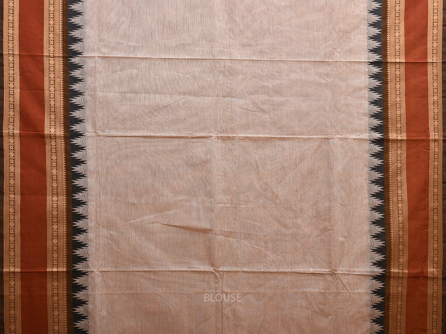 Cream and Rust Kanchipuram Cotton Plain Saree with Strips Pallu and Temple Border Design k0748