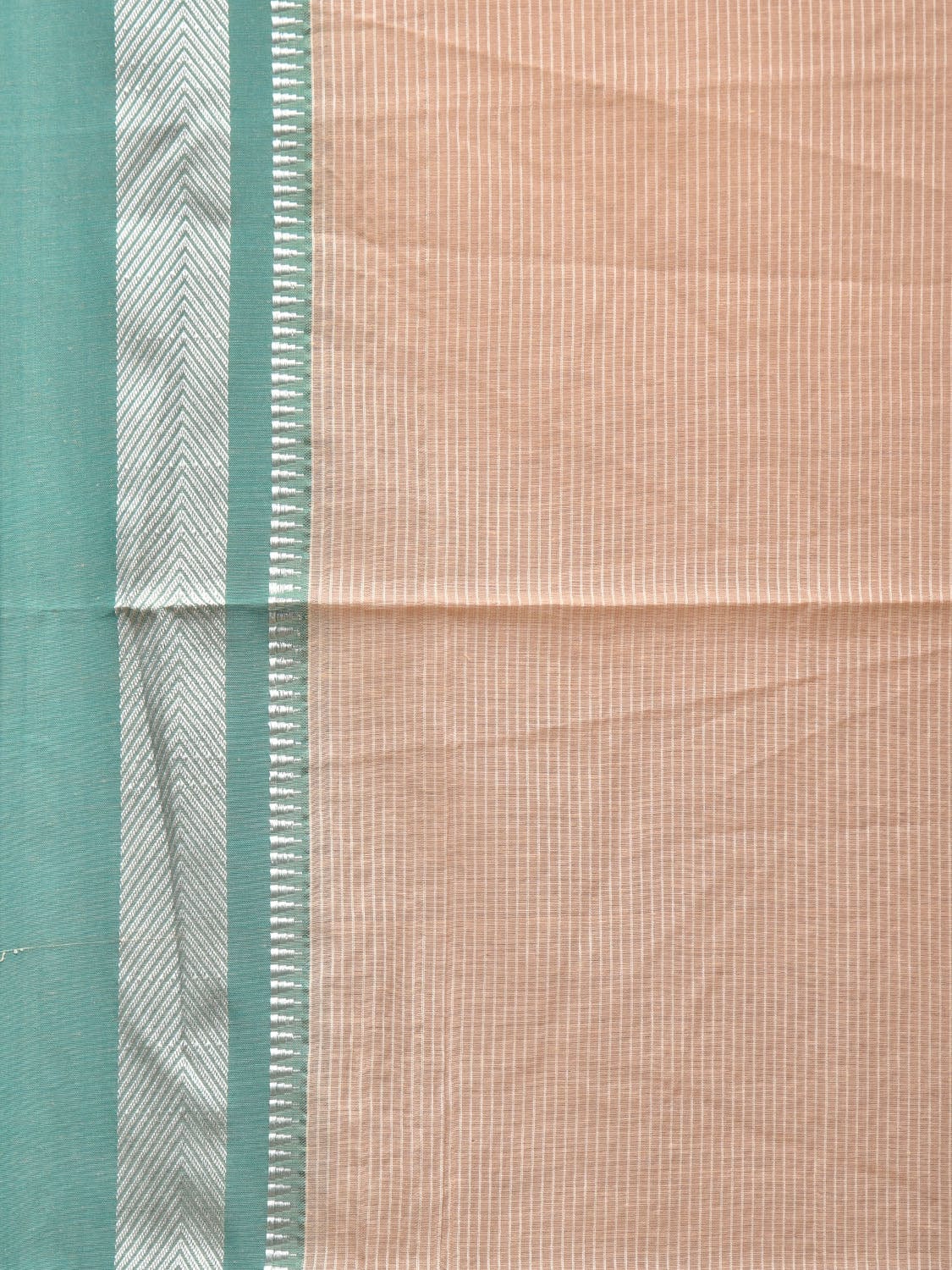 Cream and Turquoise Bamboo Cotton Saree with Strips Design No Blouse bc0240