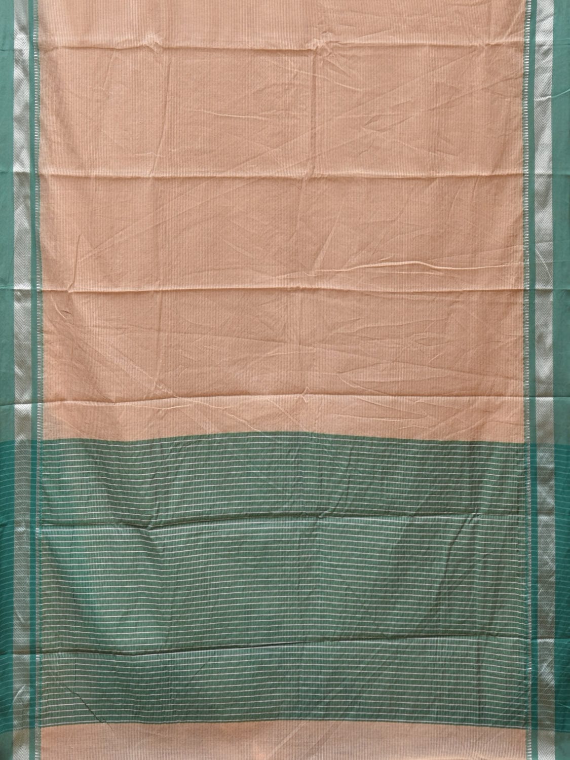 Cream and Turquoise Bamboo Cotton Saree with Strips Design No Blouse bc0240