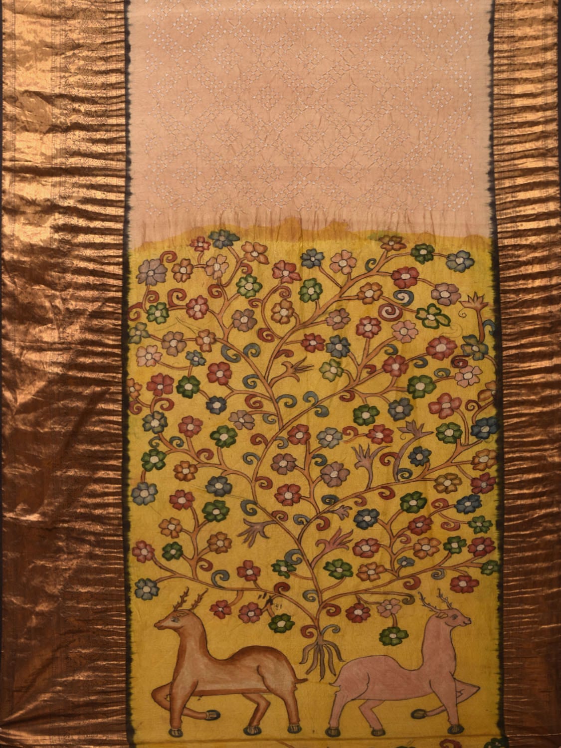 Cream Bandhani Kanchipuram Silk Handloom Saree with Kalamkari Hand Painted Pallu and Blouse Design bn0406