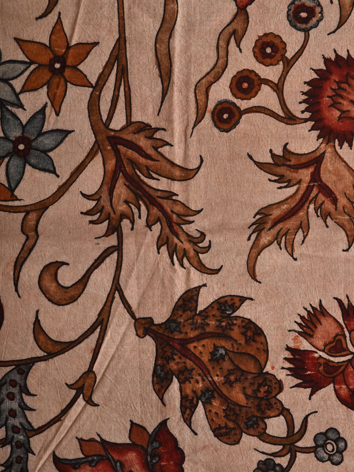 Cream Kalamkari Hand Painted Cotton Handloom 3mts Fabric with Floral Design f0210