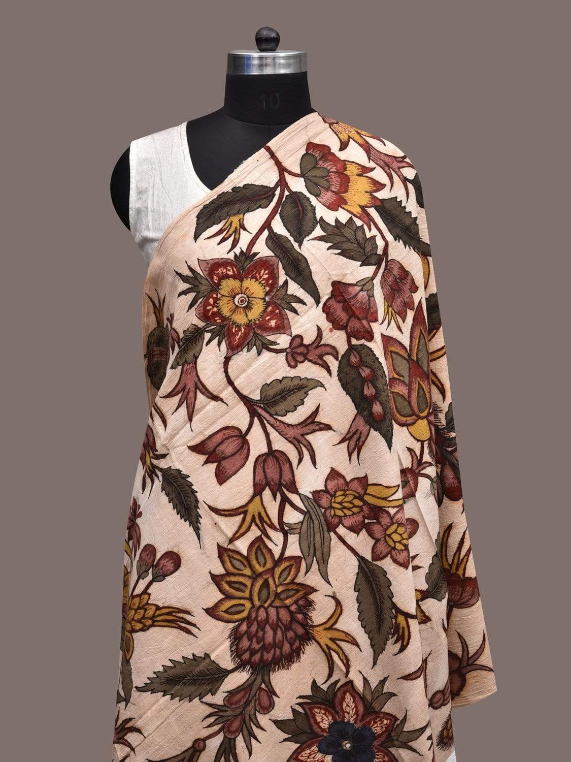 Cream Kalamkari Hand Painted Cotton Handloom Dupatta with Floral Design ds2304