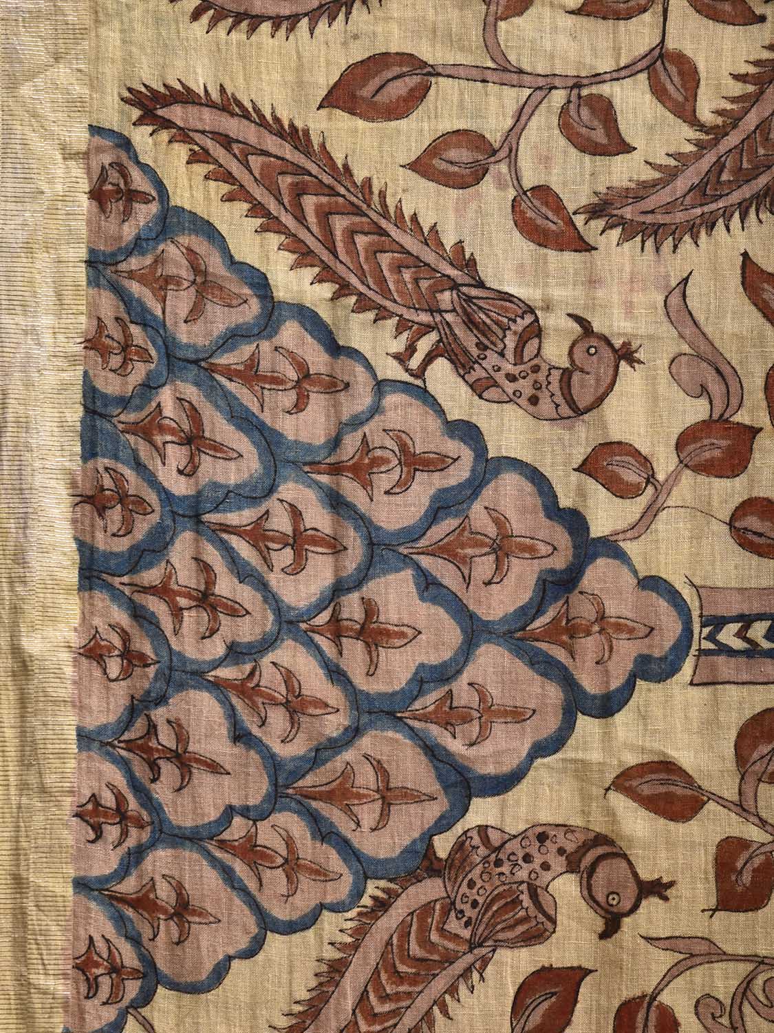 Cream Kalamkari Hand Painted Cotton Linen Saree with Tree of Life and Peacocks Pallu Design KL0804