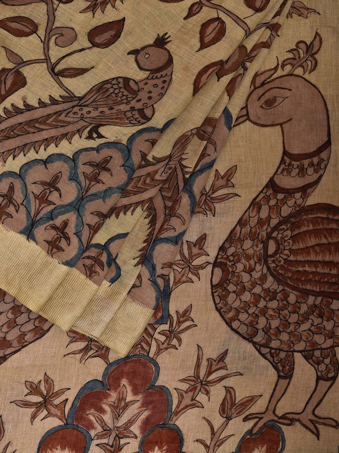 Cream Kalamkari Hand Painted Cotton Linen Saree with Tree of Life and Peacocks Pallu Design KL0804