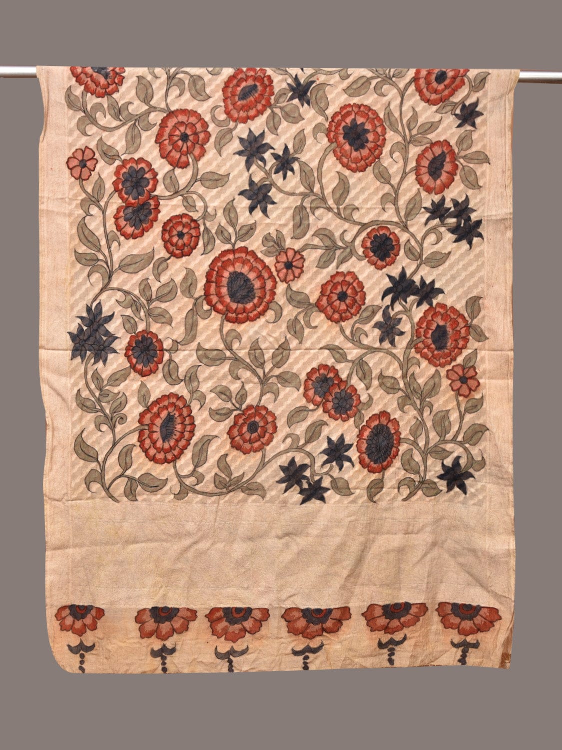 Cream Kalamkari Hand Painted Cotton Silk Dupatta with Floral Design ds3351