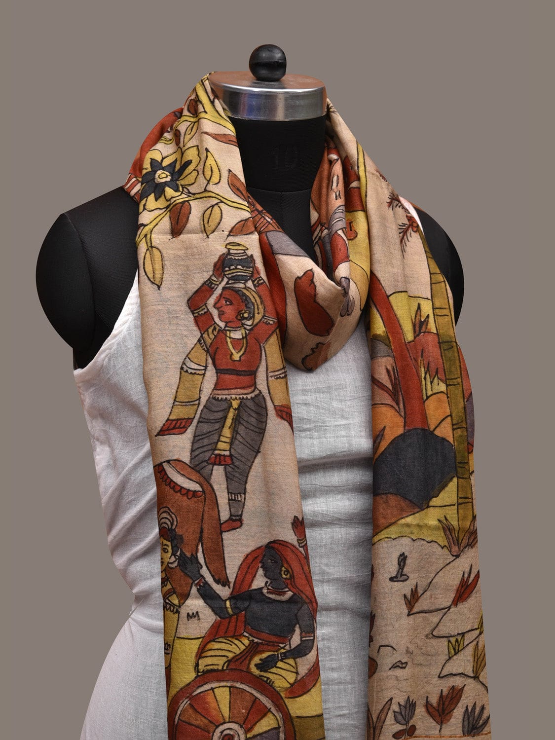 Cream Kalamkari Hand Painted Cotton Silk Handloom Dupatta with Village Life Design ds2673