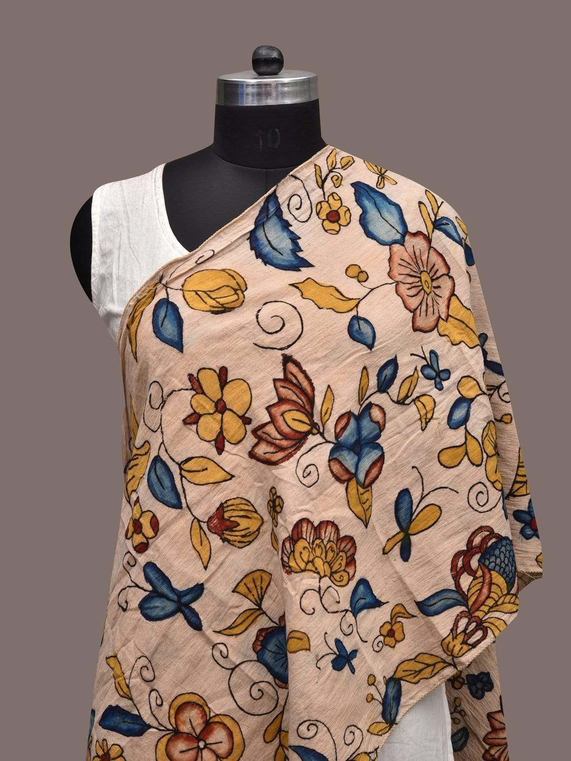 Cream Kalamkari Hand Painted Cotton Stole with Floral Design ds2314