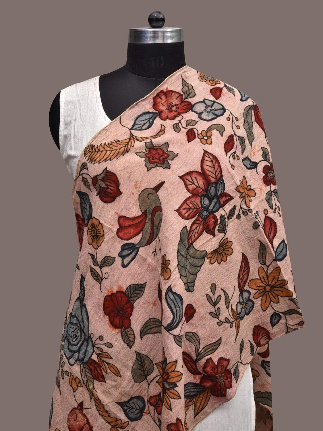 Cream Kalamkari Hand Painted Cotton Stole with Floral Design ds2317