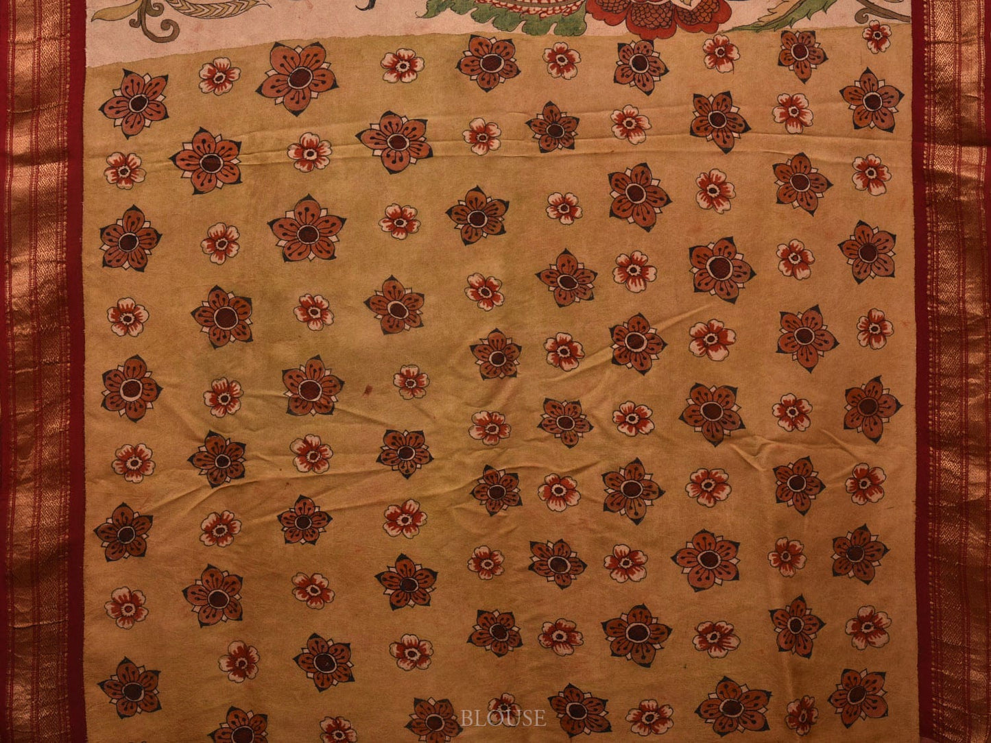 Cream Kalamkari Hand Painted Gadwal Silk Handloom Saree with Floral Design KL0661