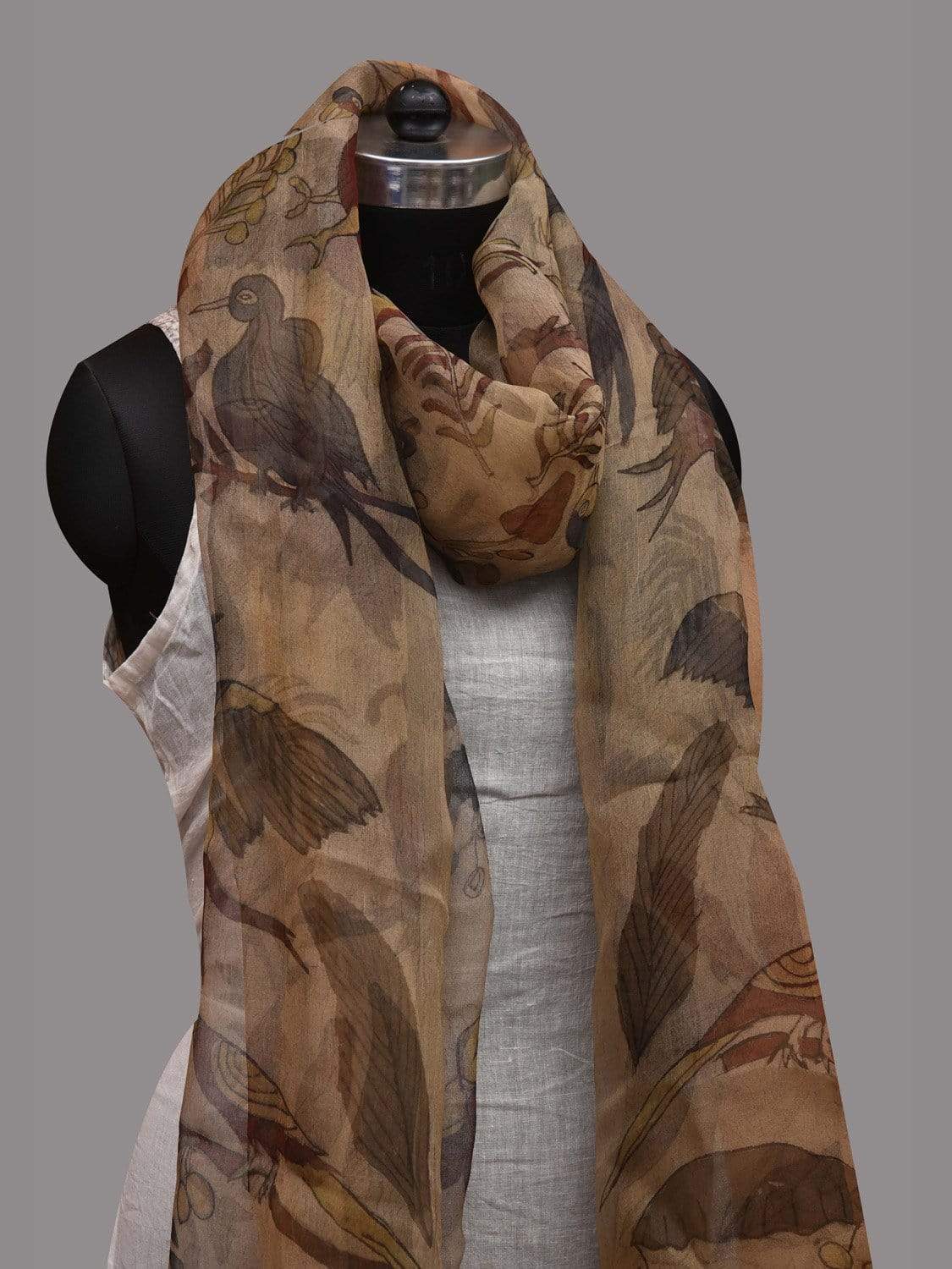 Cream Kalamkari Hand Painted Georgette Dupatta with Birds Design ds2588