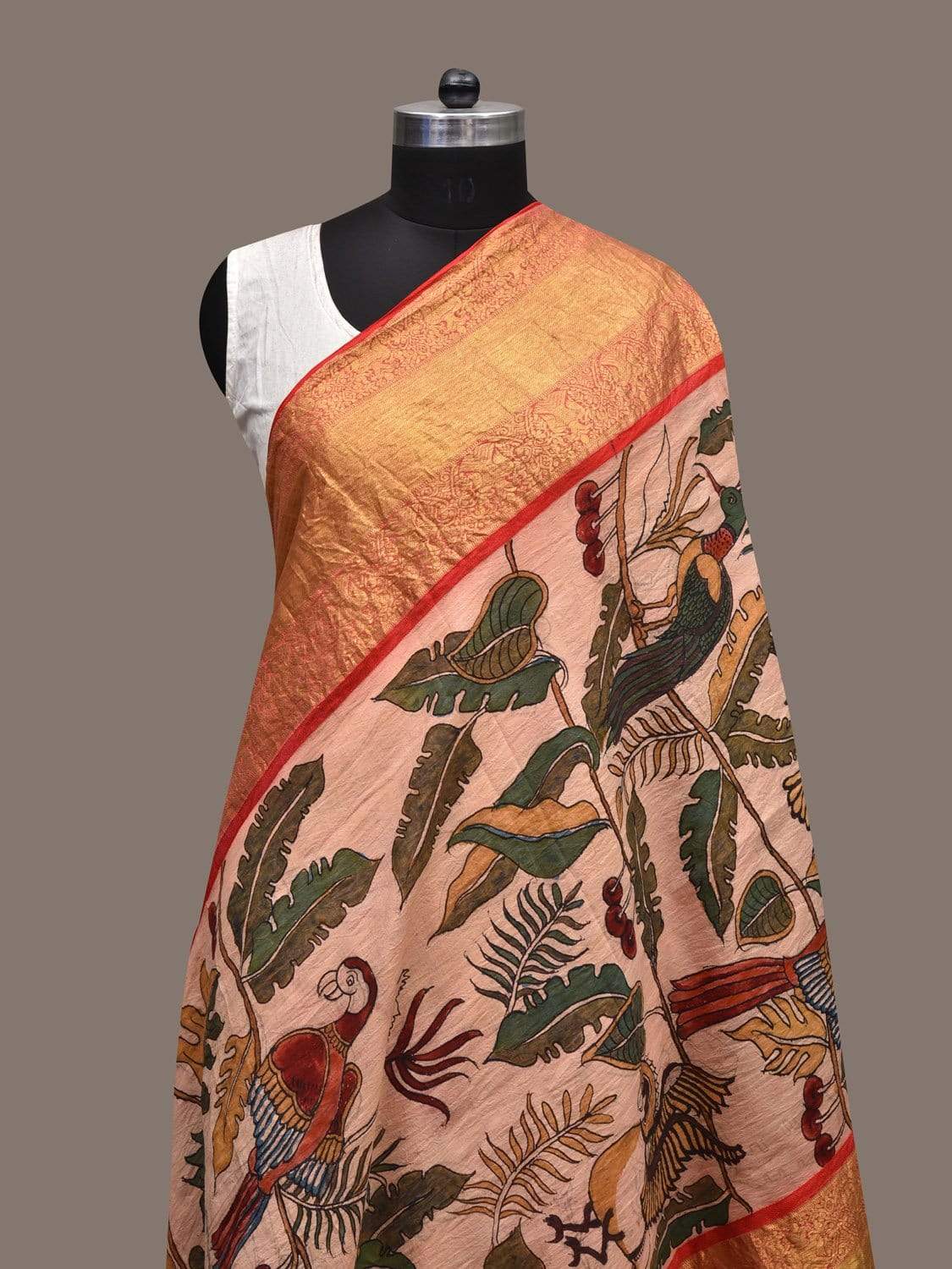 Cream Kalamkari Hand Painted Kanchipuram Silk Handloom Dupatta with Birds Design ds2330