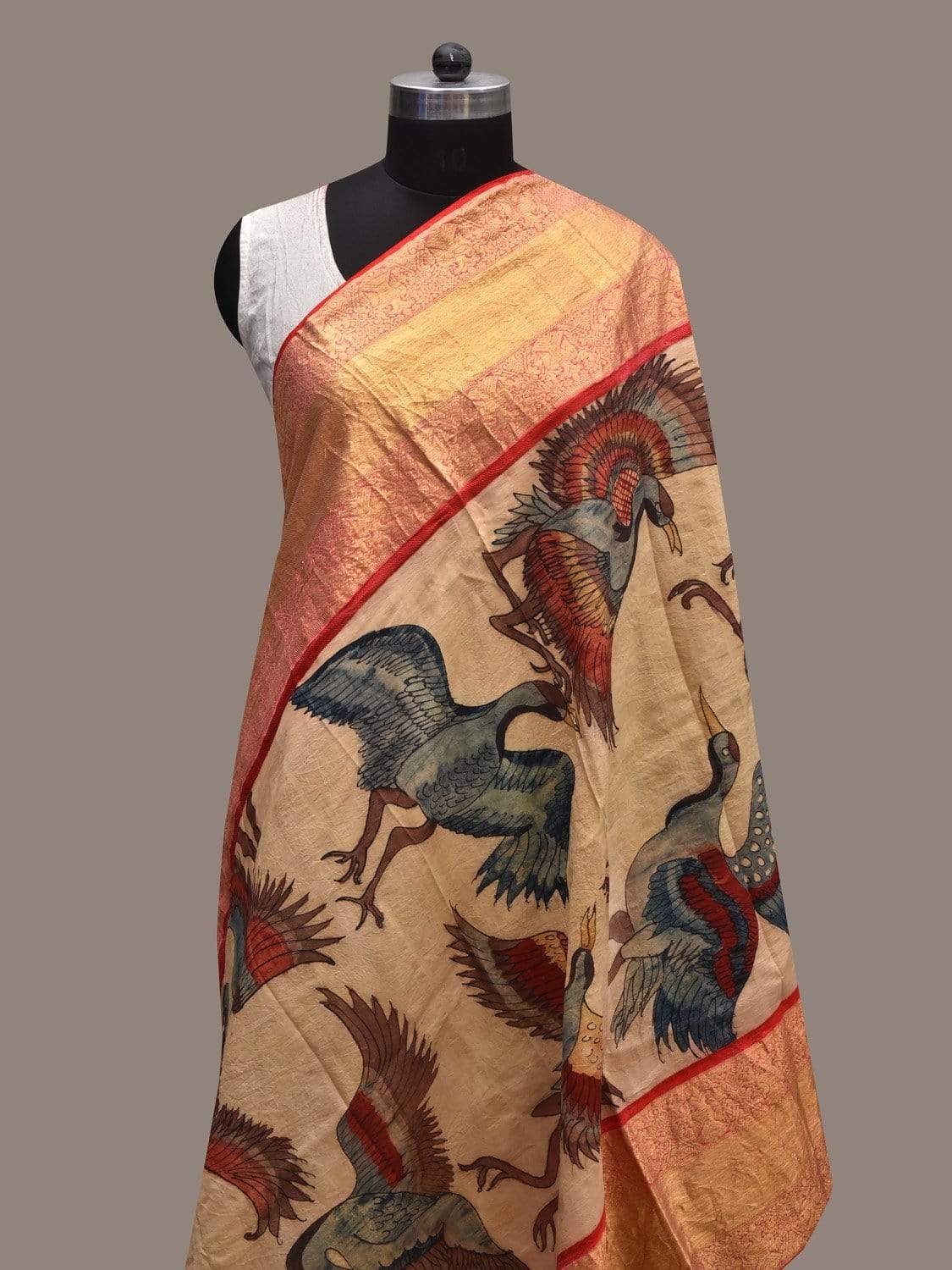 Cream Kalamkari Hand Painted Kanchipuram Silk Handloom Dupatta with Birds Design ds2346