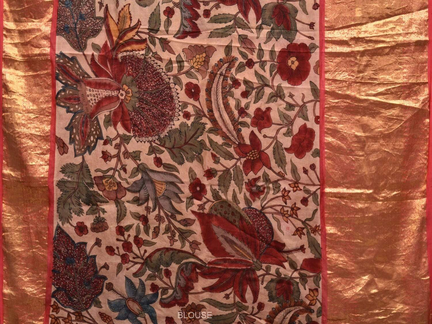 Cream Kalamkari Hand Painted Kanchipuram Silk Handloom Saree Floral Design KL0487