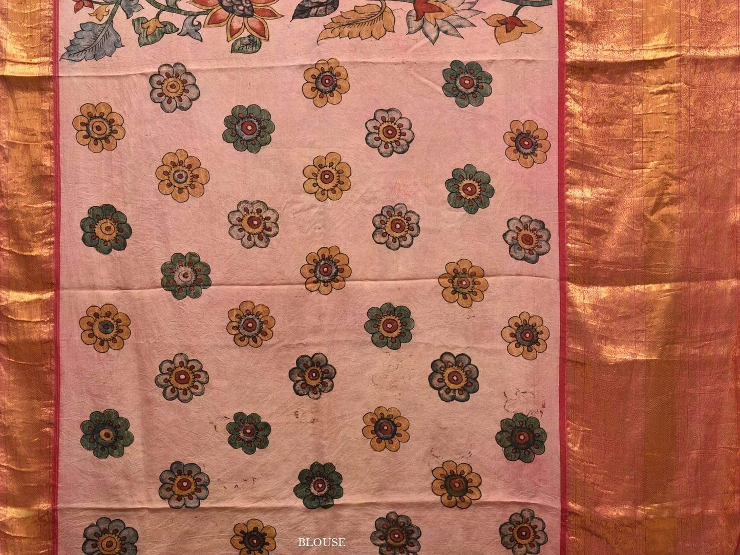 Cream Kalamkari Hand Painted Kanchipuram Silk Handloom Saree with Floral Design KL0489