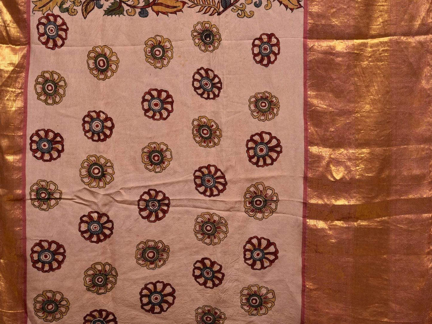Cream Kalamkari Hand Painted Kanchipuram Silk Handloom Saree with Floral Design KL0527