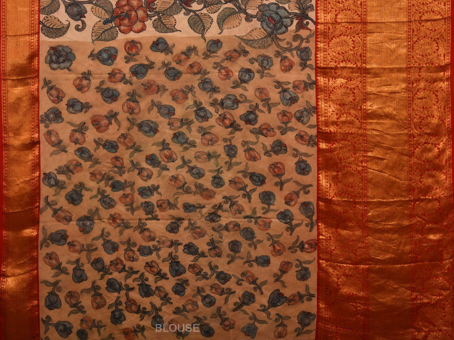 Cream Kalamkari Hand Painted Kanchipuram Silk Handloom Saree with Floral Design KL0692