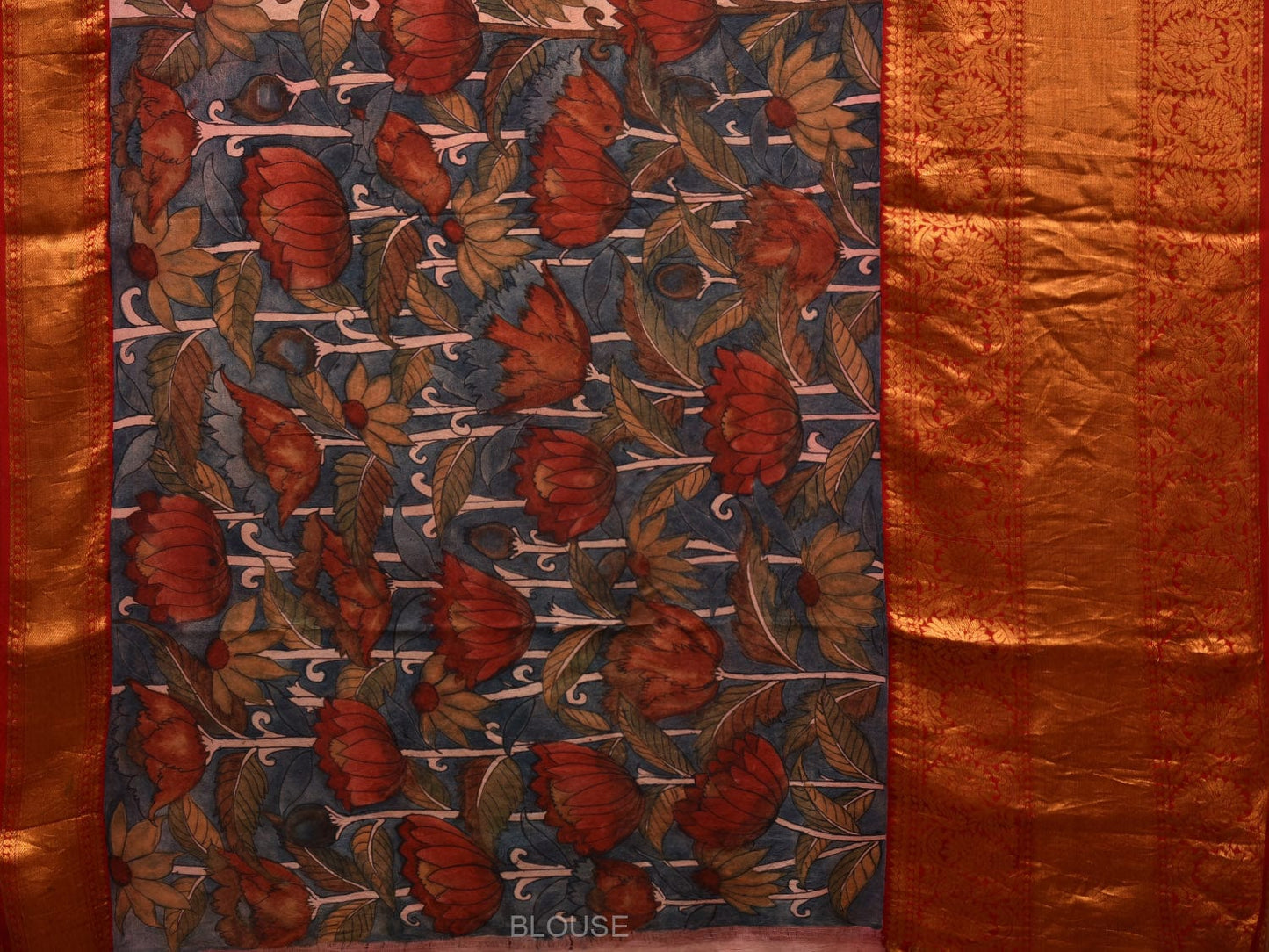 Cream Kalamkari Hand Painted Kanchipuram Silk Handloom Saree with Lotus Flowers Design KL0653
