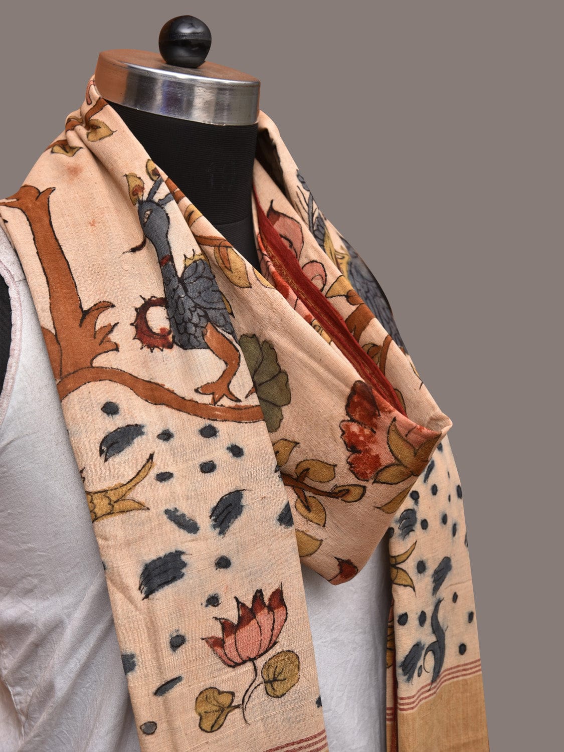 Cream Kalamkari Hand Painted Khadi Cotton Handloom Dupatta with Tree of Life Design ds3503