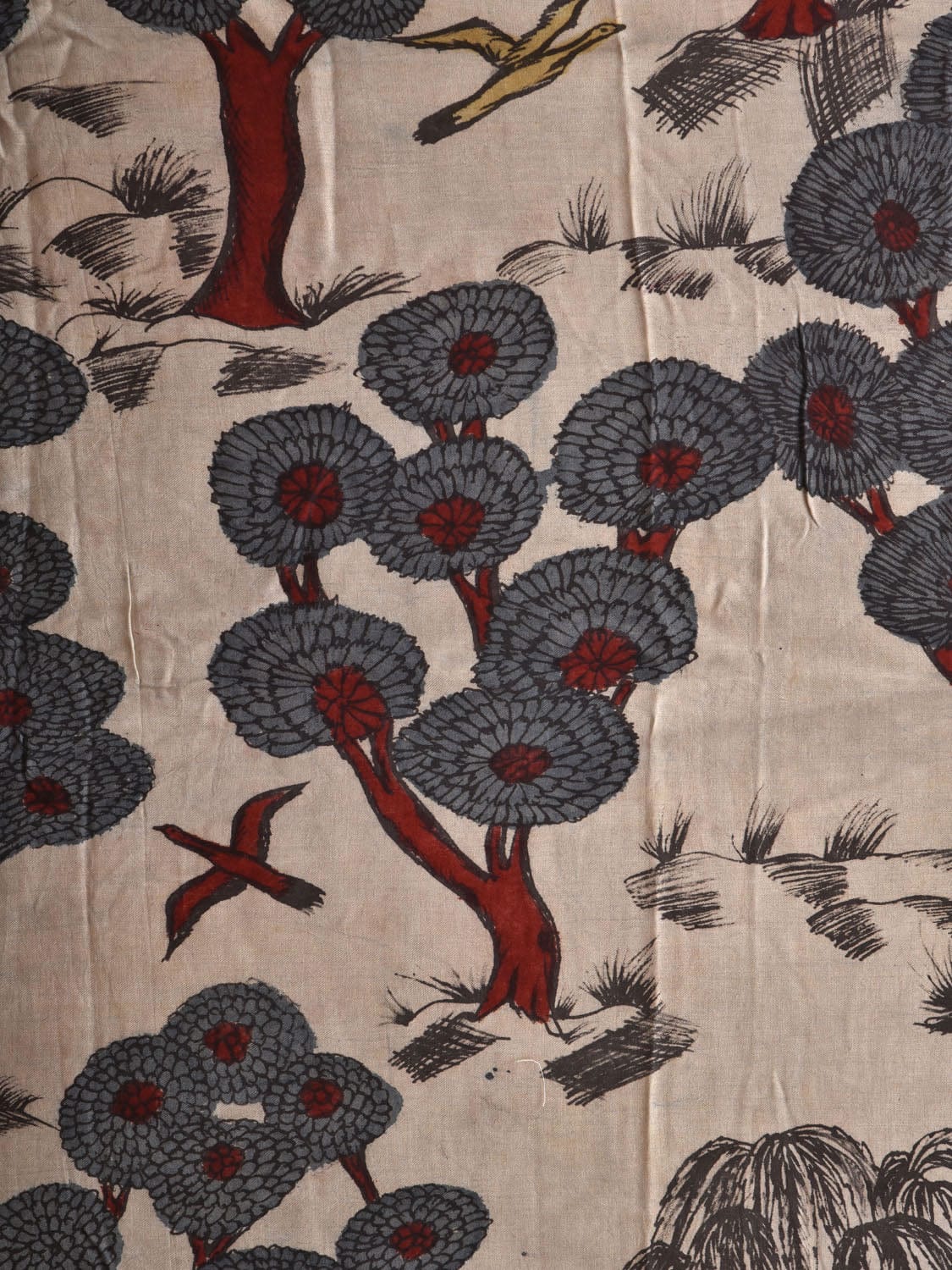 Cream Kalamkari Hand Painted Modal Cotton Handloom 3mts Fabric with Trees and Deers Design f0211