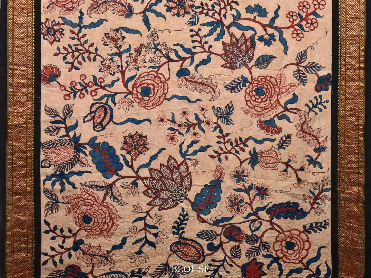 Cream Kalamkari Hand Painted Paithani Silk Handloom Saree with Big Floral Design KL0488