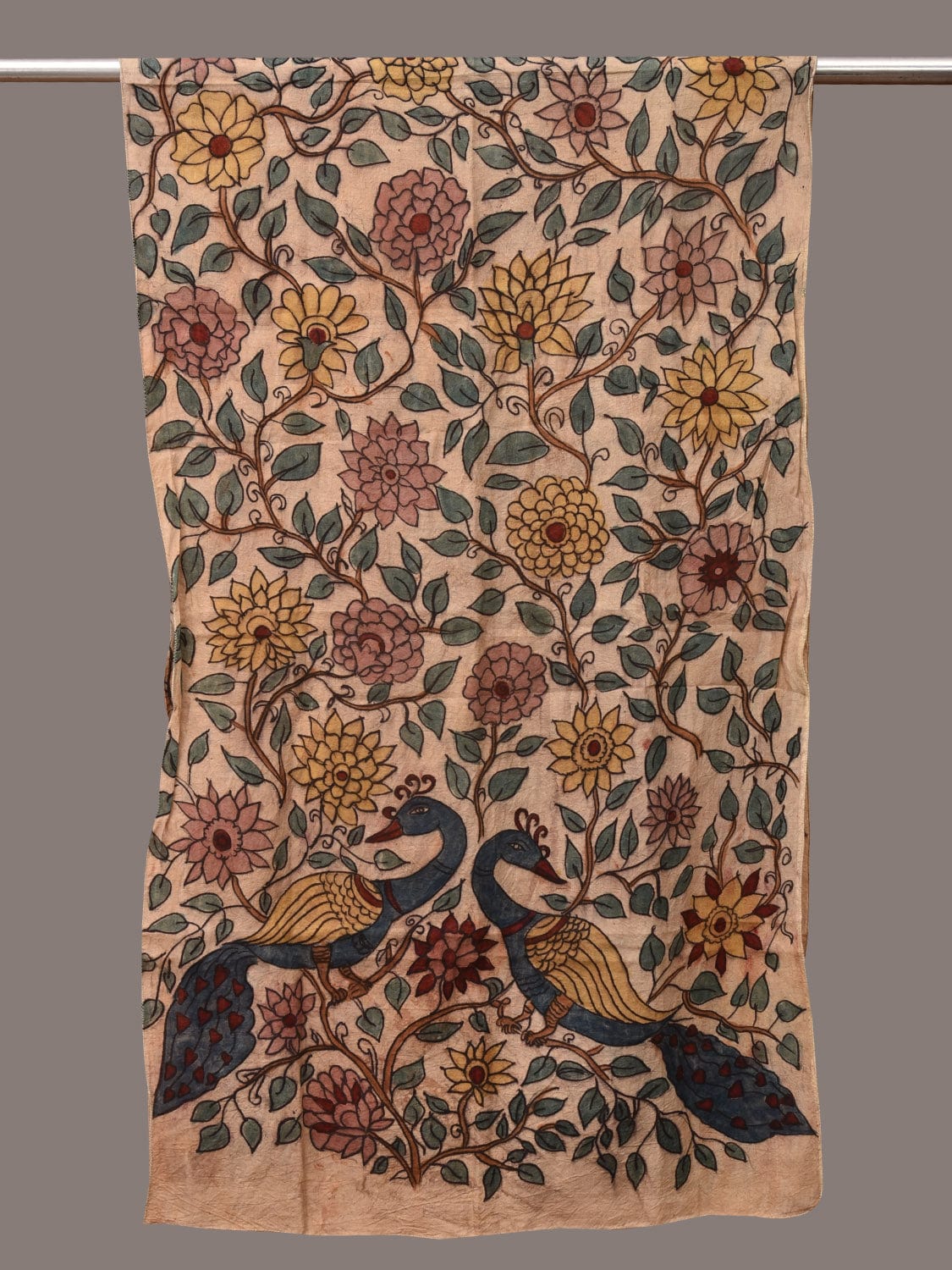 Cream Kalamkari Hand Painted Sico Stole with Floral and Peacocks Design ds3560