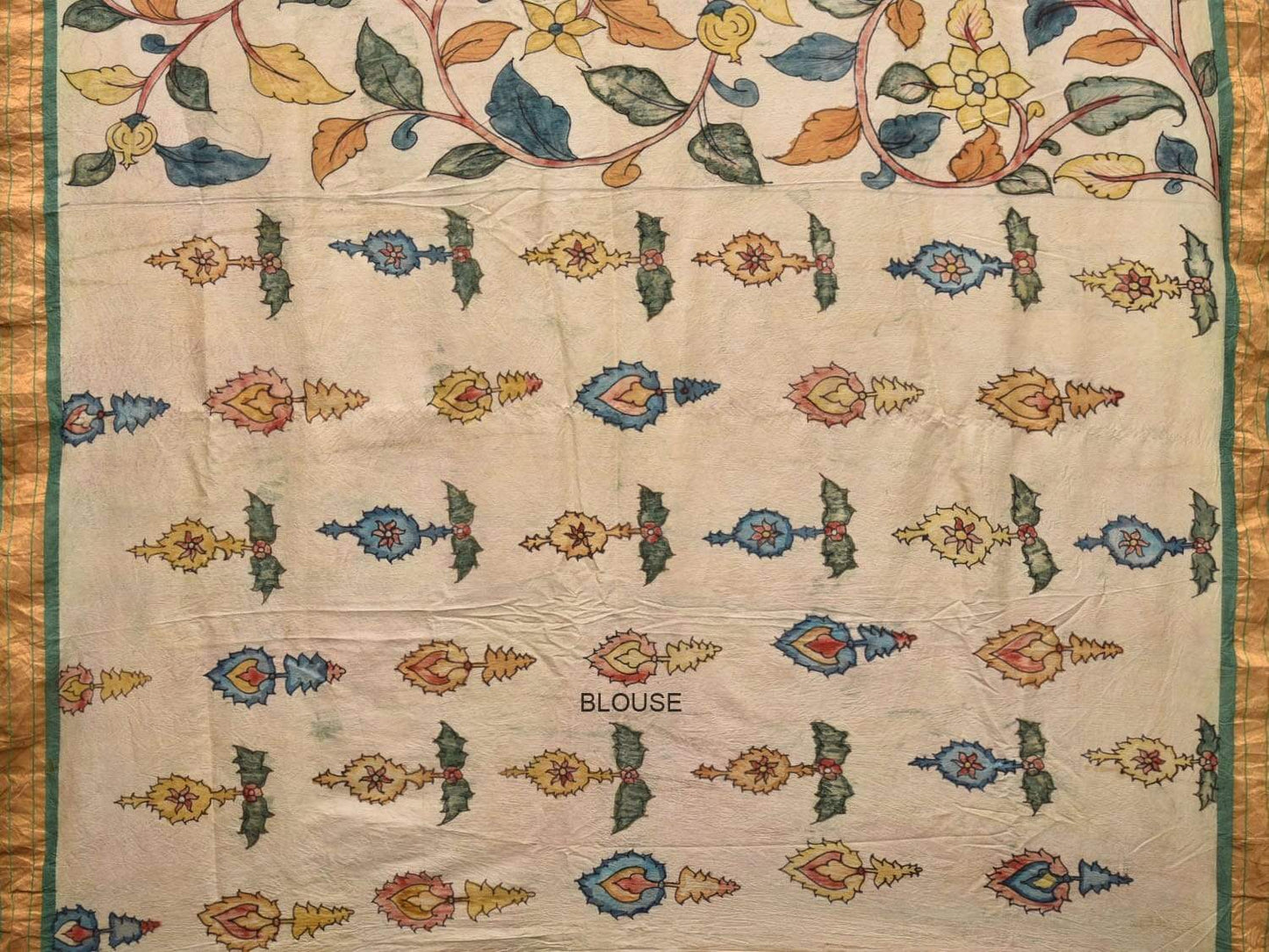 Cream Kalamkari Hand Painted Silk Handloom Saree with Floral and Peacocks Pallu Design KL0455