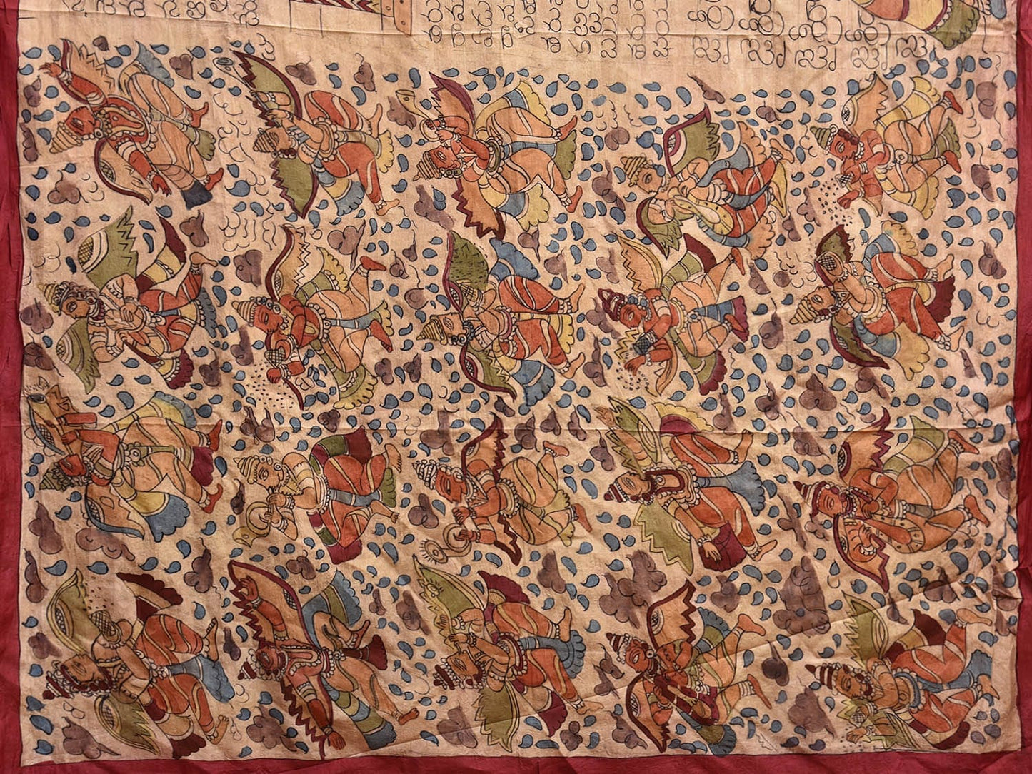 Cream Kalamkari Hand Painted Silk Handloom Saree with Ramayana Written Story Design kl0788