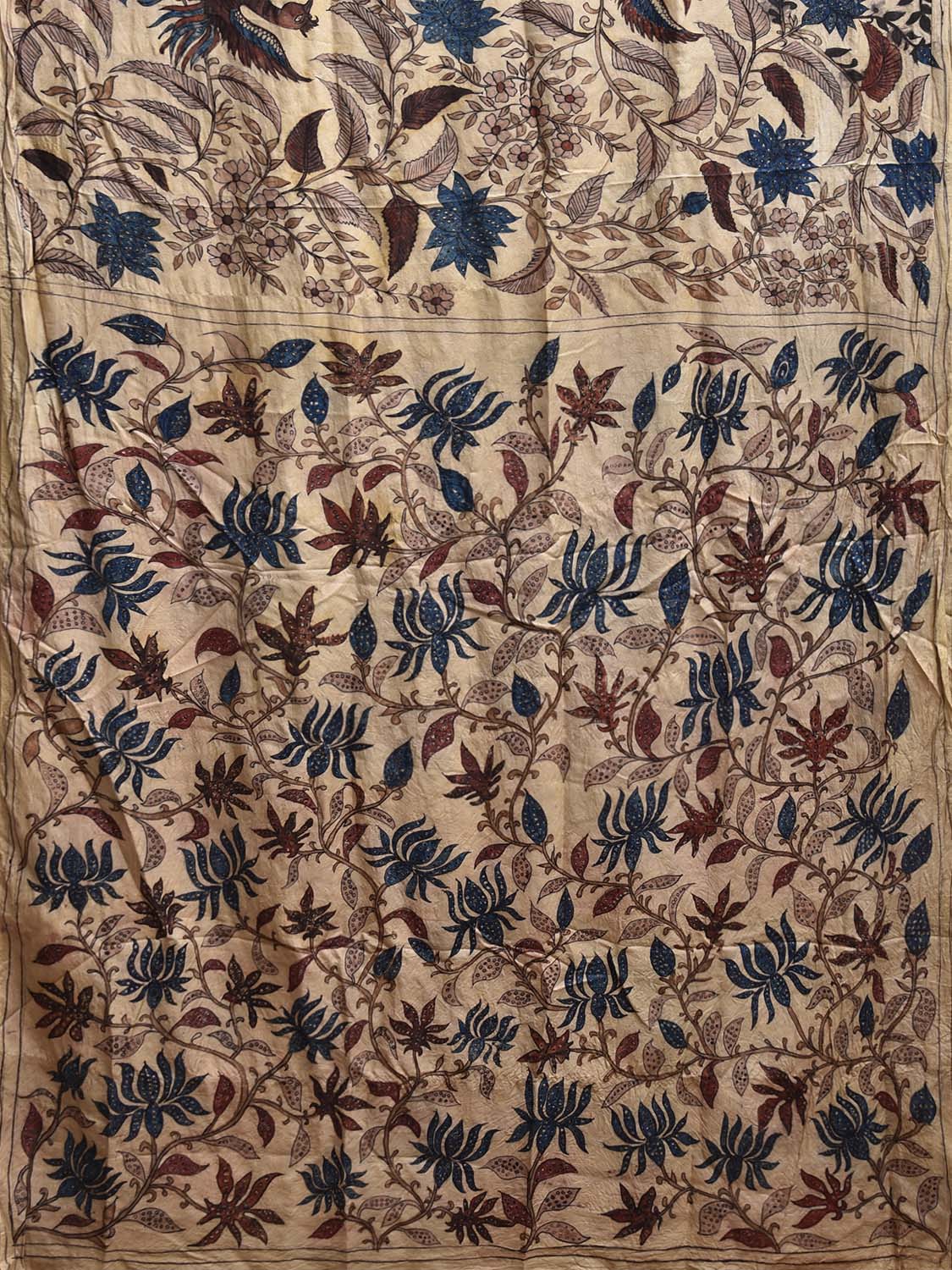 Cream Kalamkari Hand Painted Silk Saree with Lotus Flowers Design KL0806