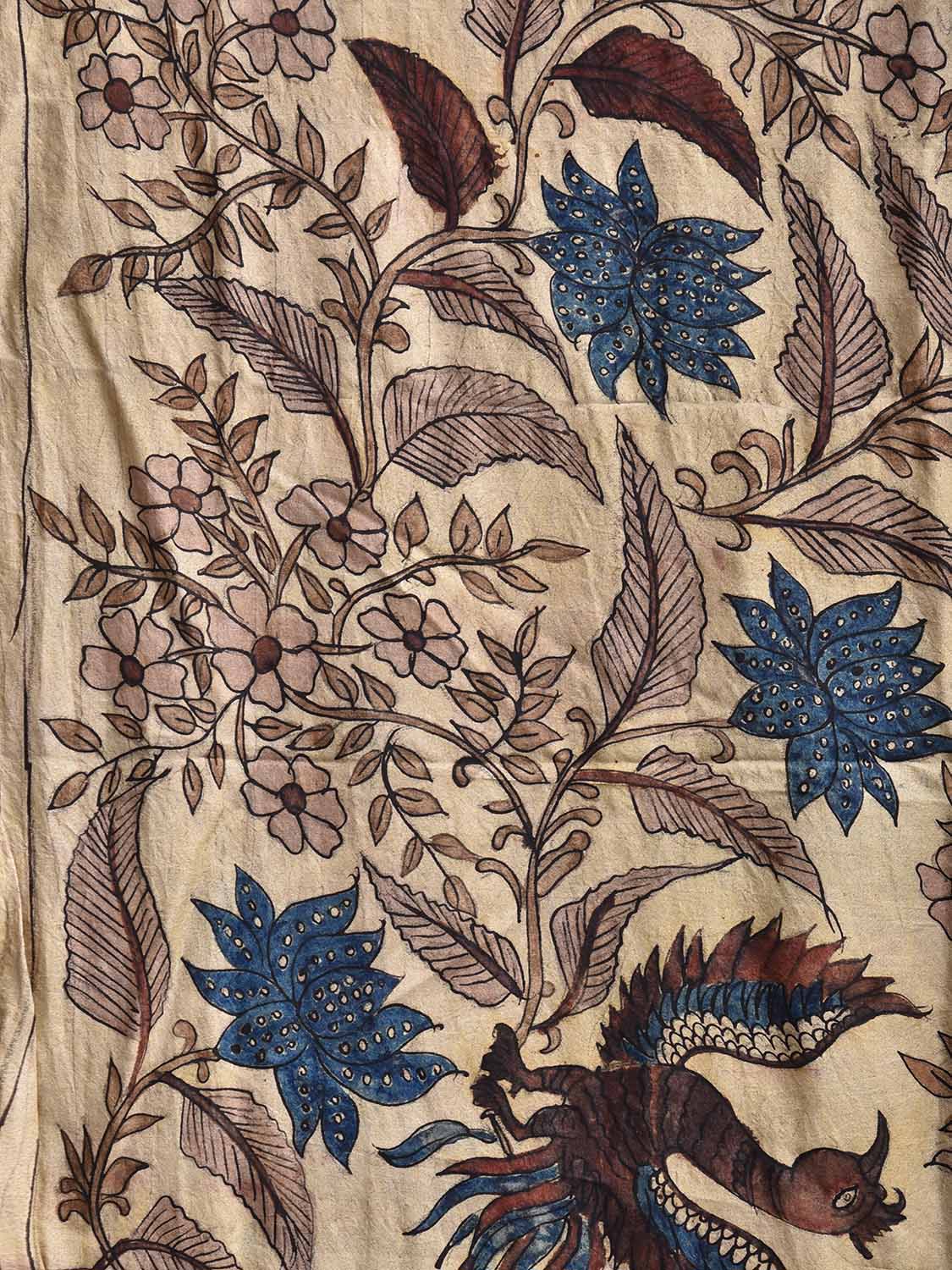 Cream Kalamkari Hand Painted Silk Saree with Lotus Flowers Design KL0806