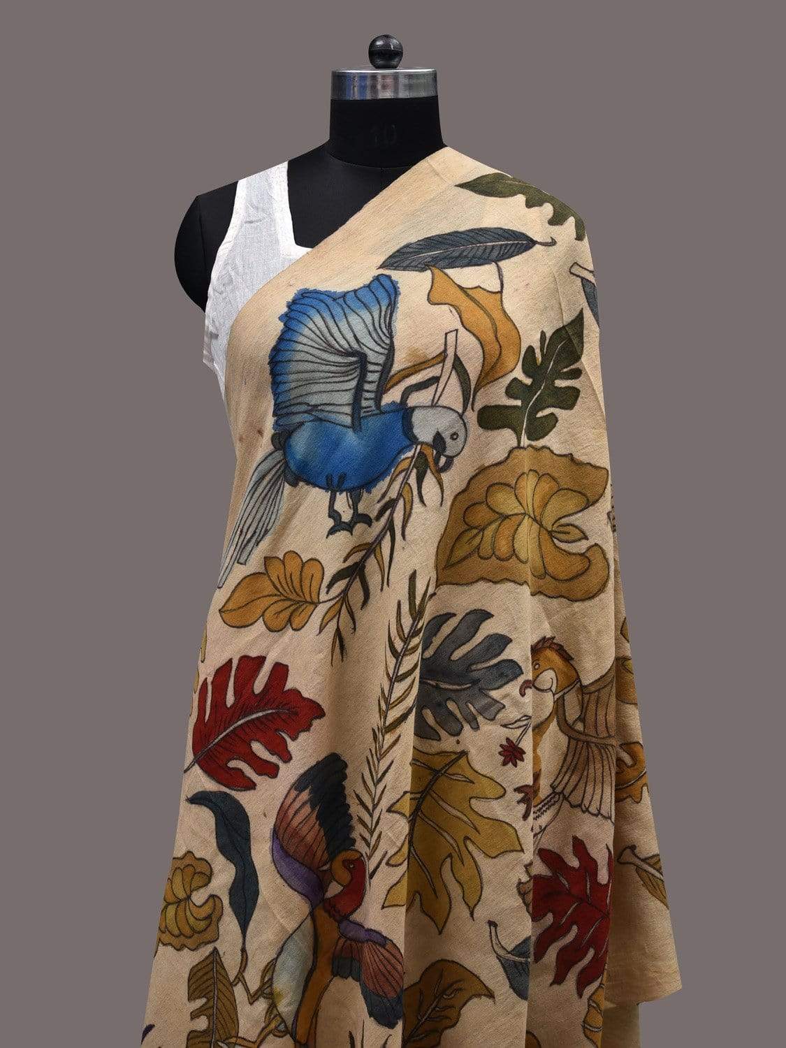 Cream Kalamkari Hand Painted Spun Silk Handloom Dupatta with Birds and Leaves Design ds2423