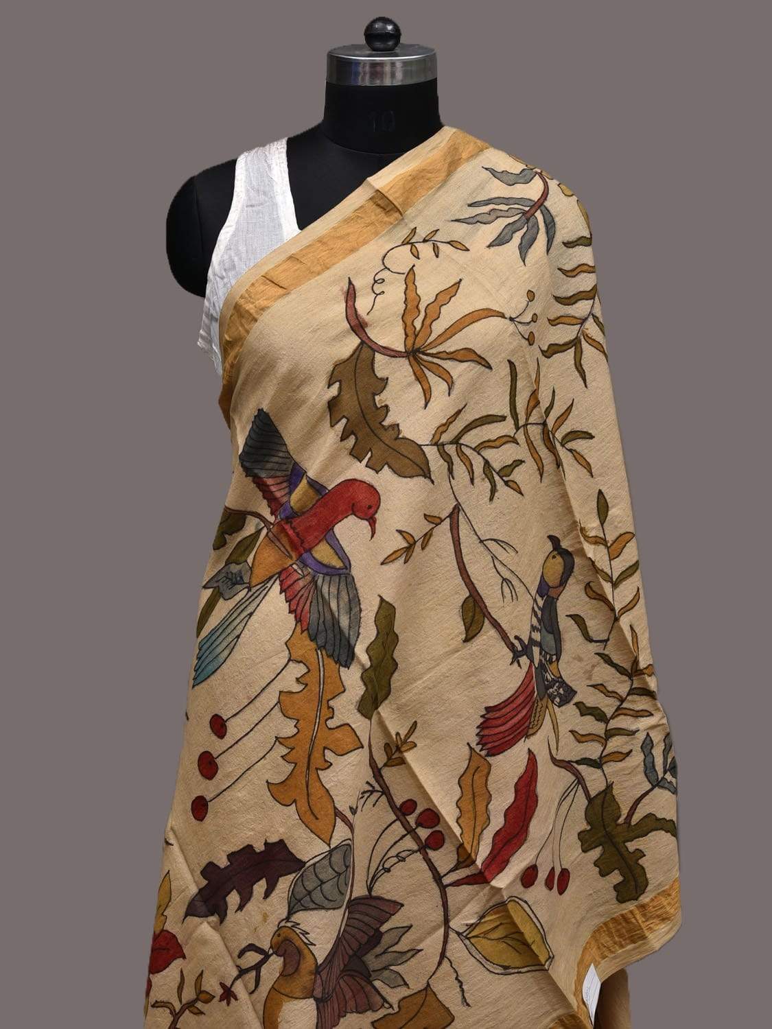 Cream Kalamkari Hand Painted Tussar Cotton Handloom Dupatta with Birds and Leaves Design ds2421