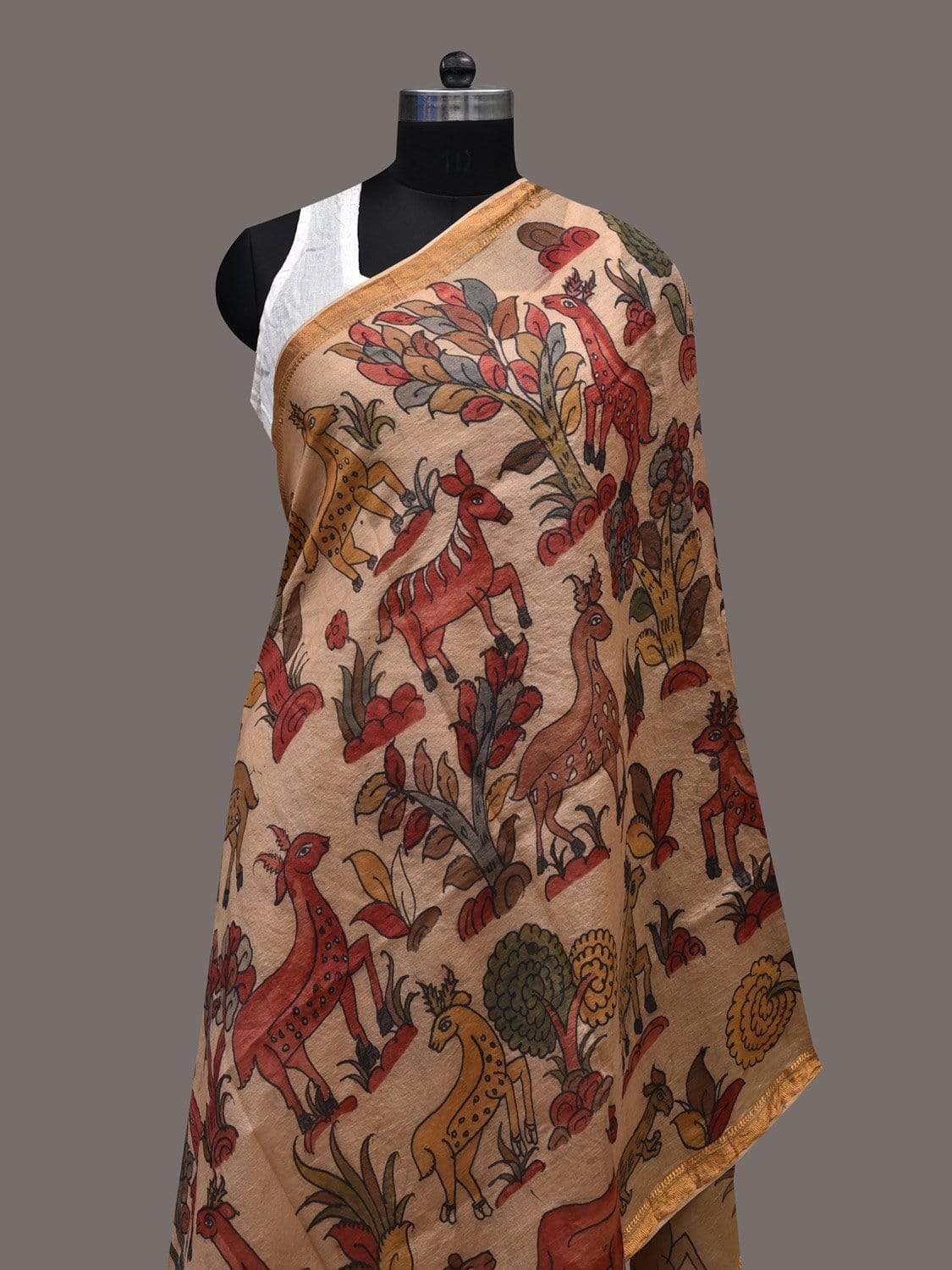 Cream Kalamkari Hand Painted Tussar Handloom Dupatta with Animals Design ds2424