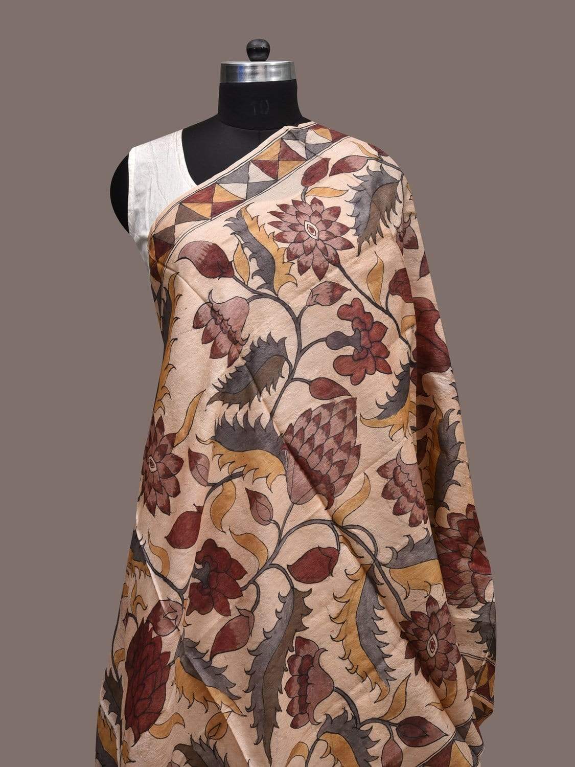 Cream Kalamkari Hand Painted Tussar Handloom Dupatta with Floral and Border Design ds2302