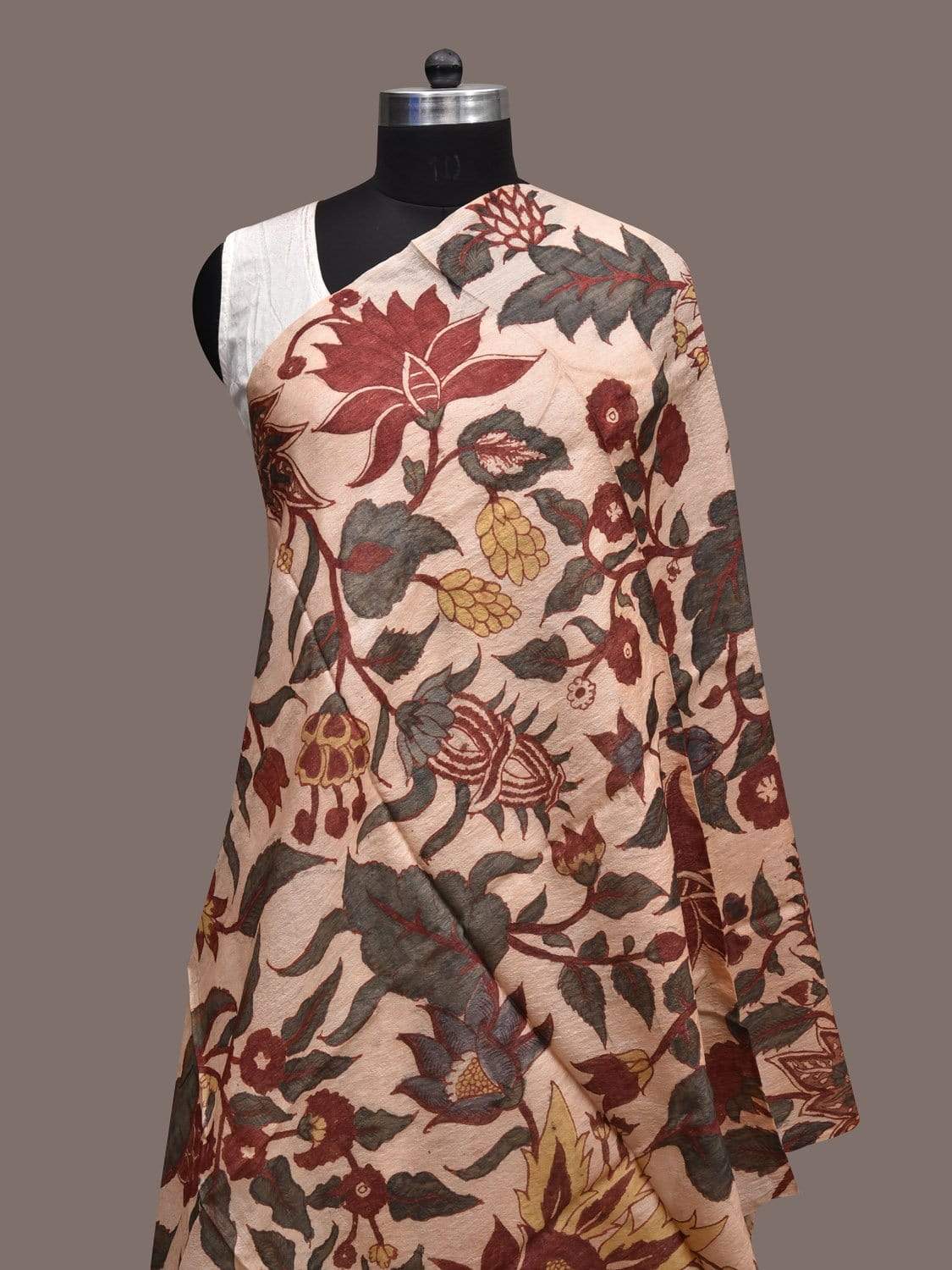 Cream Kalamkari Hand Painted Tussar Handloom Dupatta with Floral Design ds2306