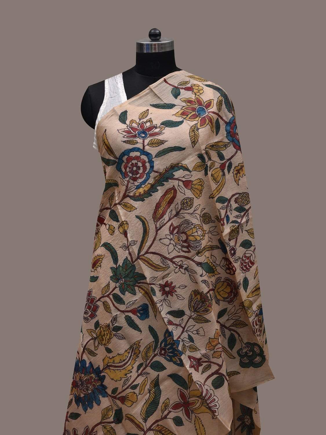 Cream Kalamkari Hand Painted Tussar Handloom Dupatta with Floral Design ds2497
