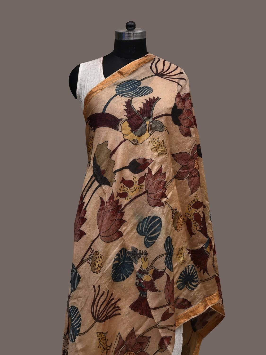 Cream Kalamkari Hand Painted Tussar Handloom Dupatta with Lotus and Birds Design ds2366